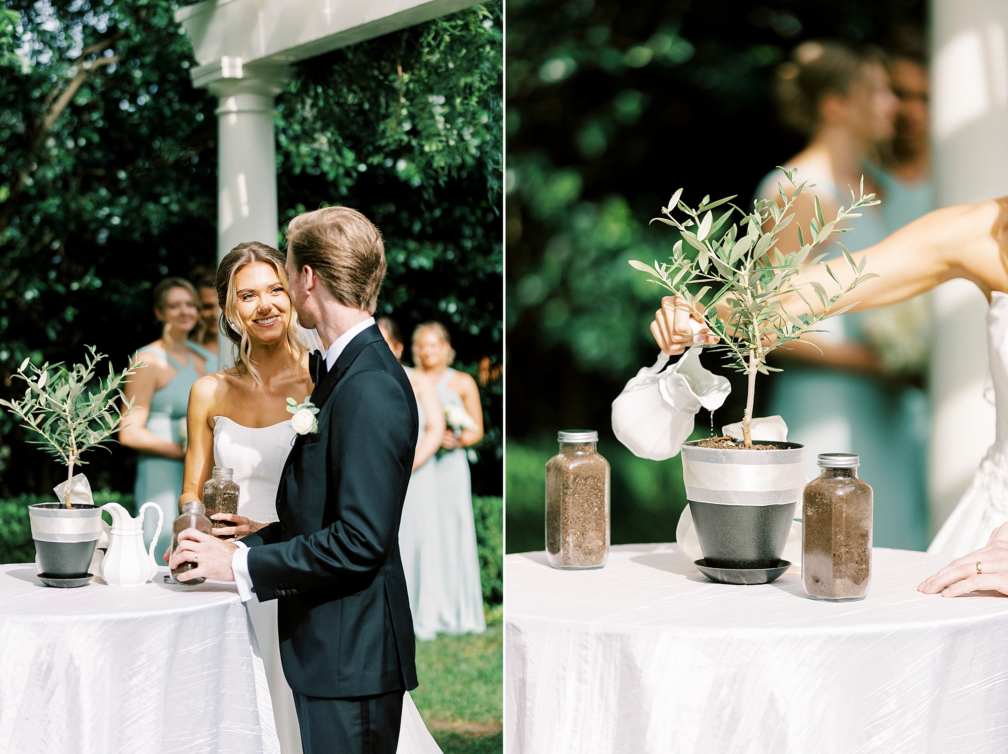 bride and groom participate in tree planting during wedding ceremony in garden of Separk Mansion