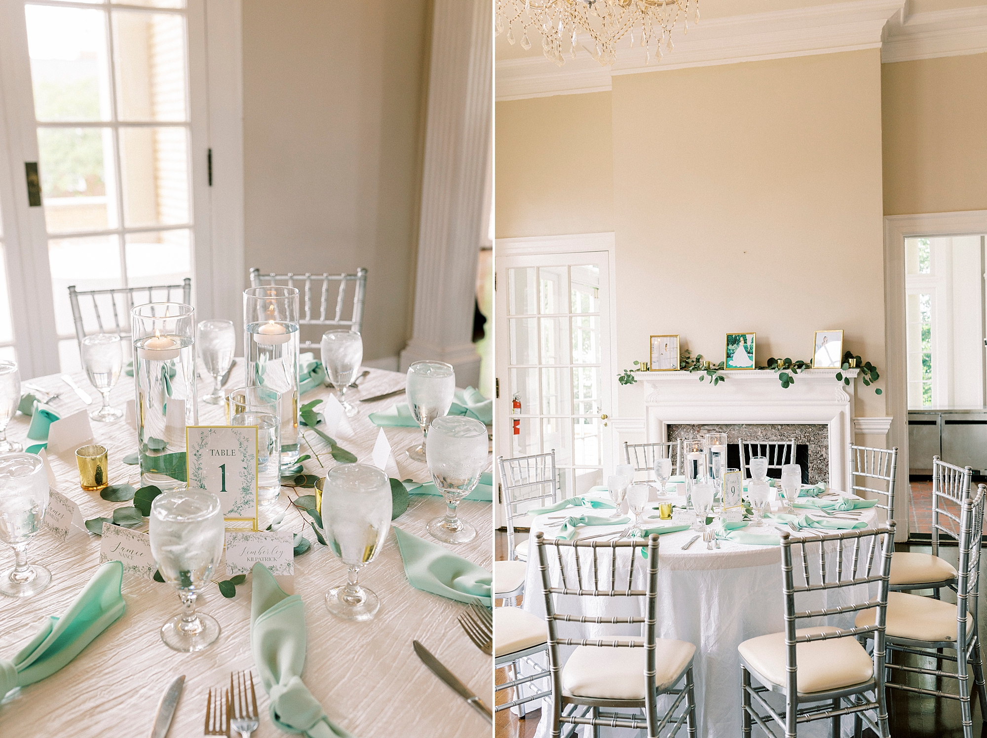 spring wedding reception with white and mint green accents