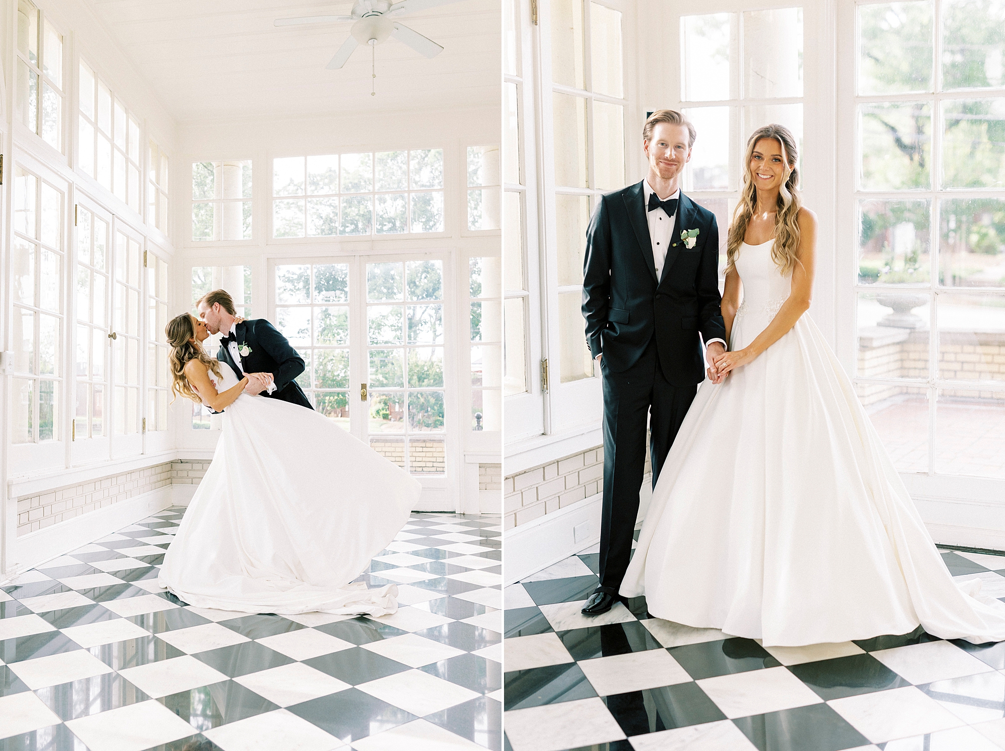 groom dips bride in sunroom at Separk Mansion
