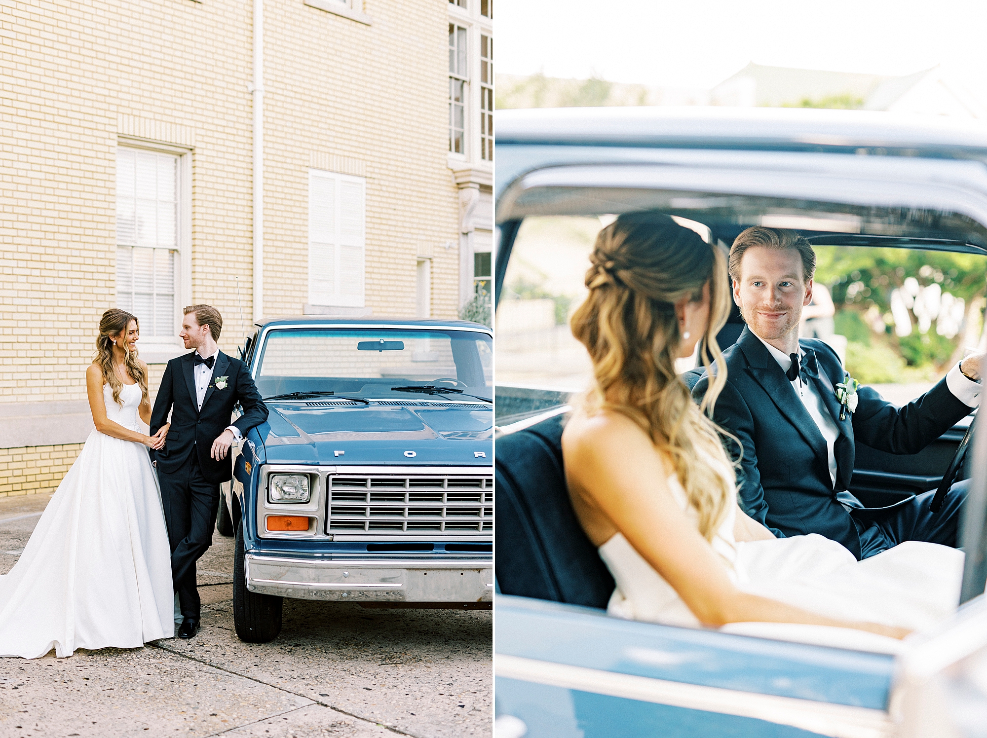 newlyweds pose leaning against and inside the cab of blue truck