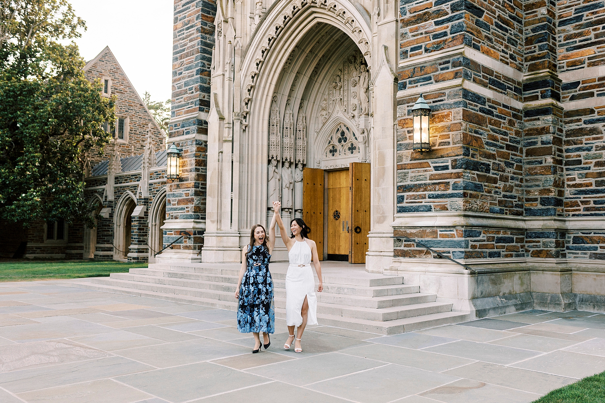 two women walk outside chapel at Duke University