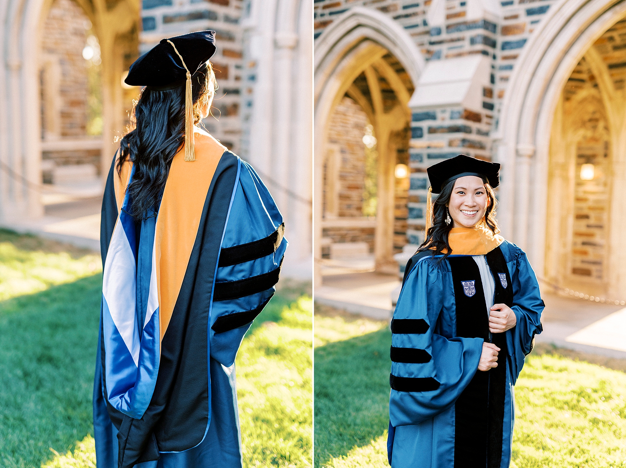 woman poses on lawn at Duke University during graduation portraits