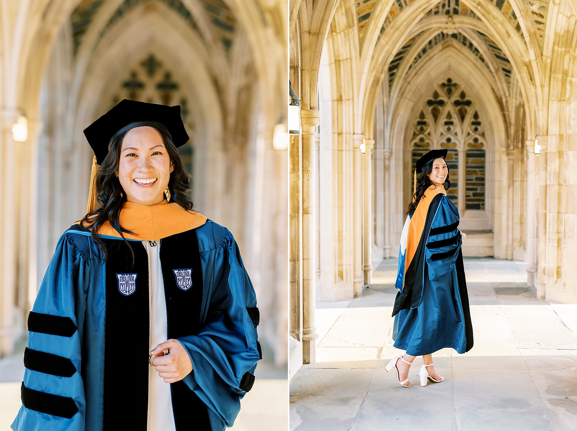 woman in blue and black robe turns and walks through hallway of Duke University