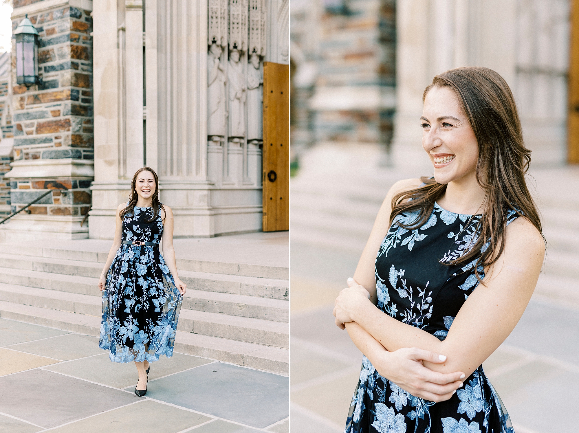 senior graduate stands on steps in black and blue dress