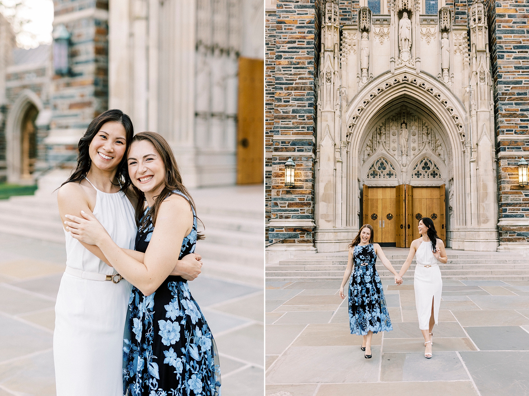 two friends hug during graduation portraits at Duke