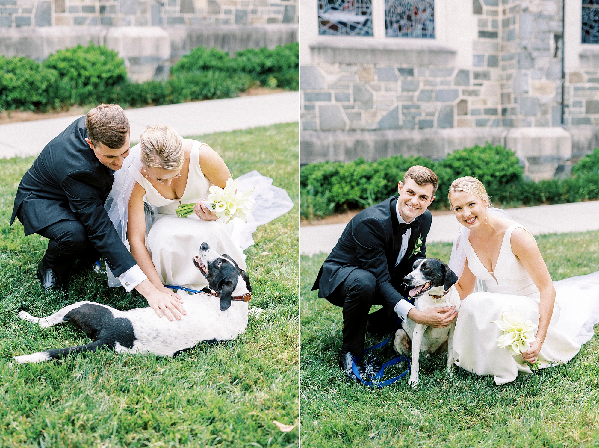 bride and groom pose with dog on lawn at Myers Presbyterian Church