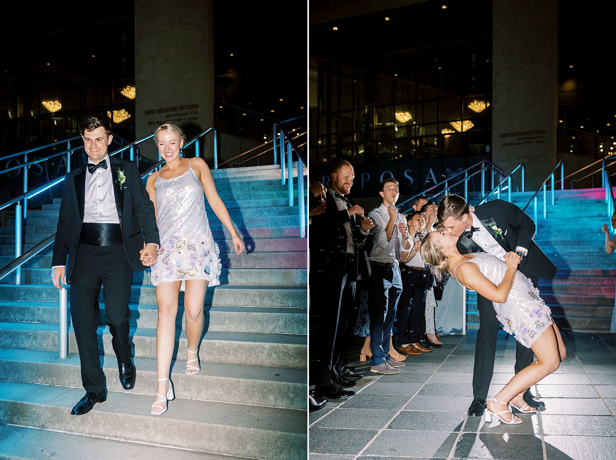 groom kisses bride dipping her near staircase at the Mint Museum Uptown