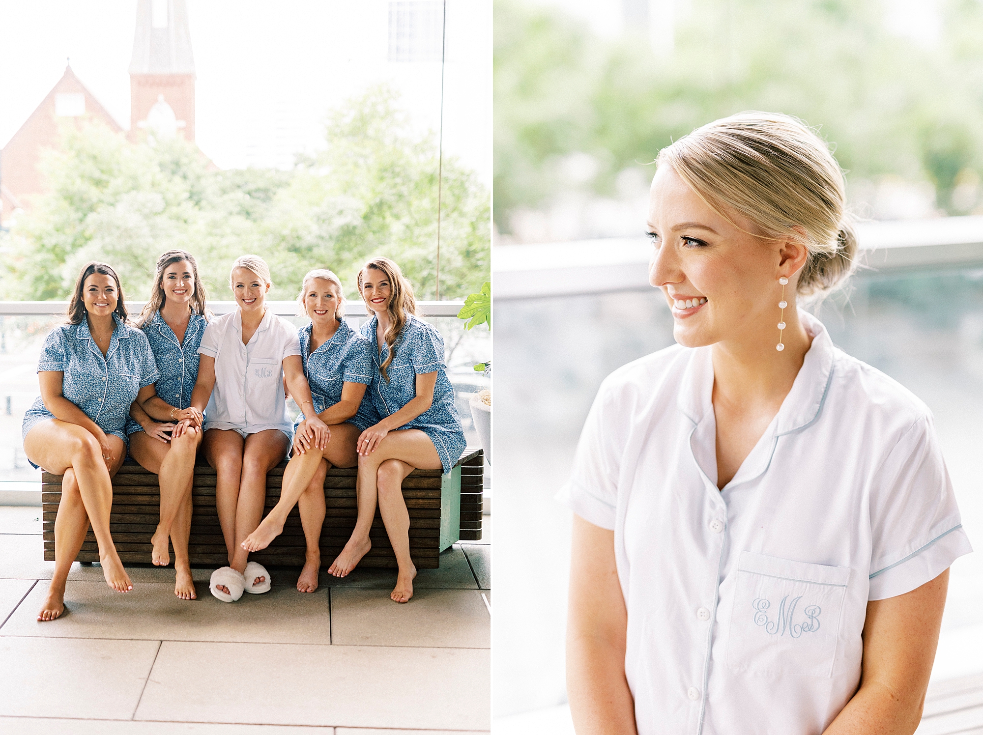 bride sits with bridesmaid in matching pajamas on balcony of Charlotte hotel