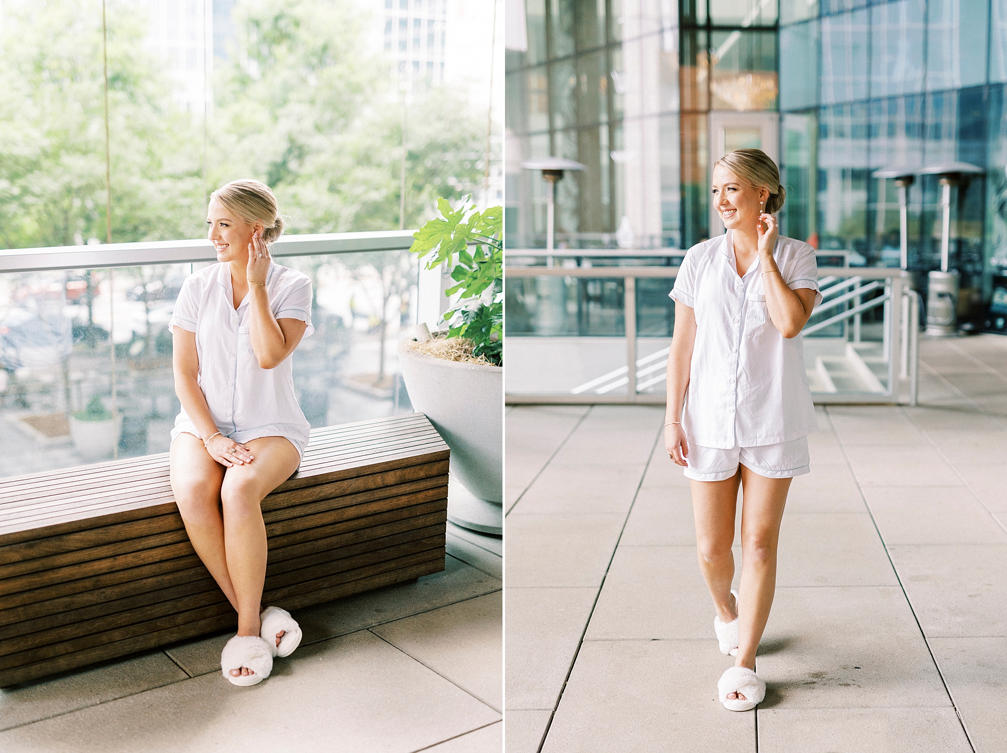 bride poses on balcony of Charlotte hotel in white pajamas and slippers