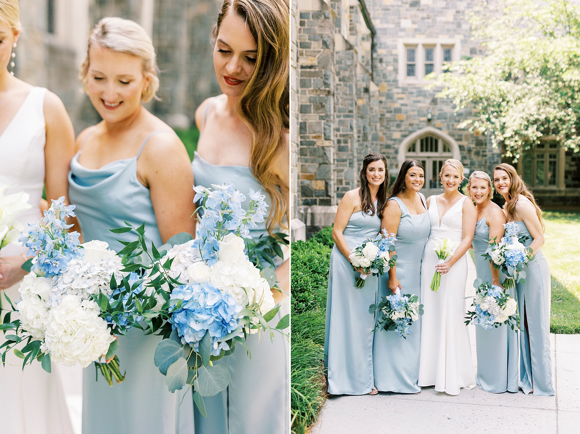bride and bridesmaids hold white and blue bouquets outside Charlotte church