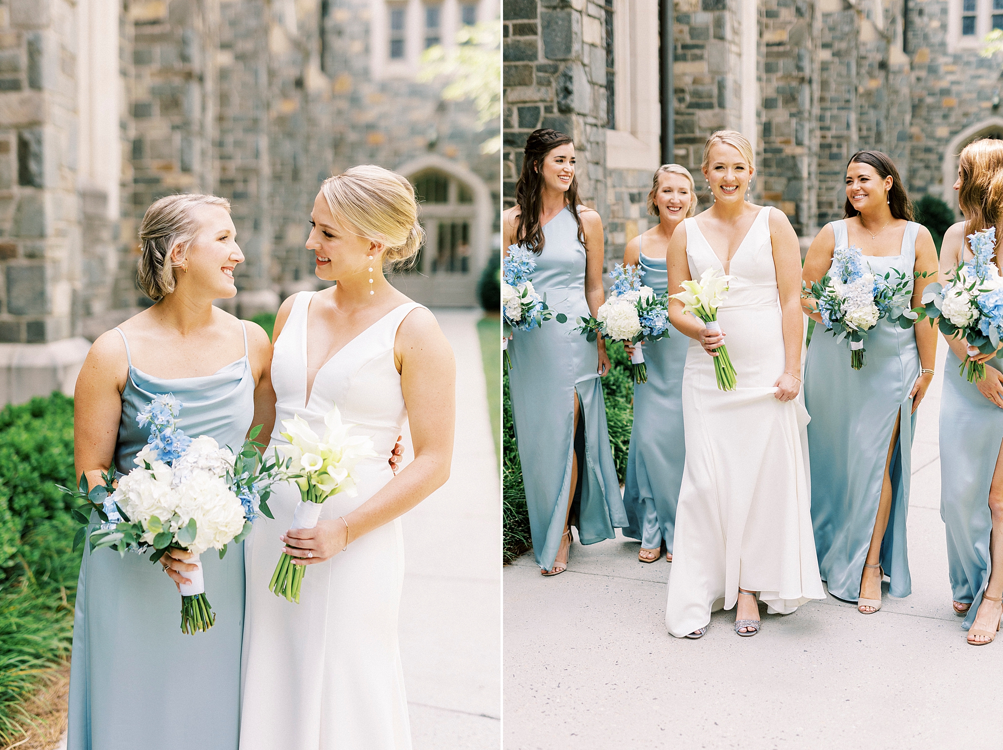 bride smiles at bridesmaids in light blue gowns outside church in Charlotte NC