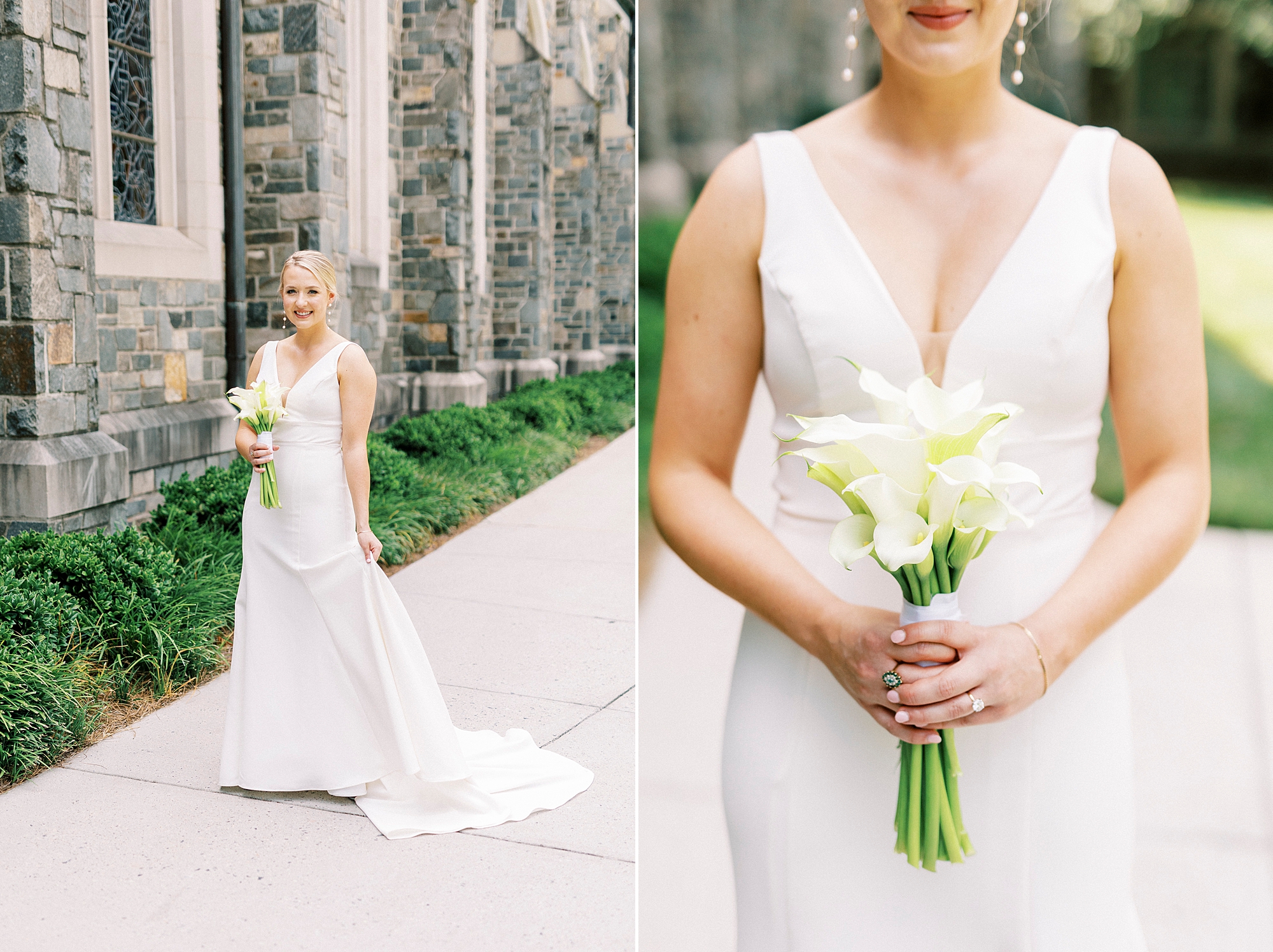 bride holds bouquet of calla lilies by stone wall of Charlotte NC church