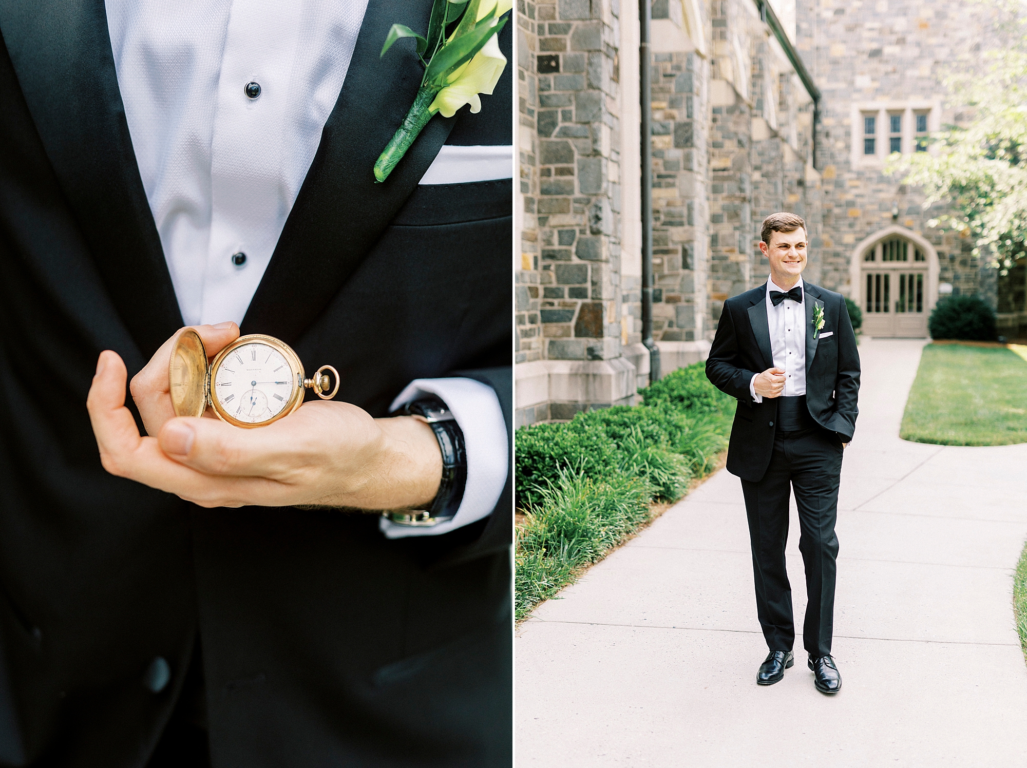groom stands holding pocket watch in black tux