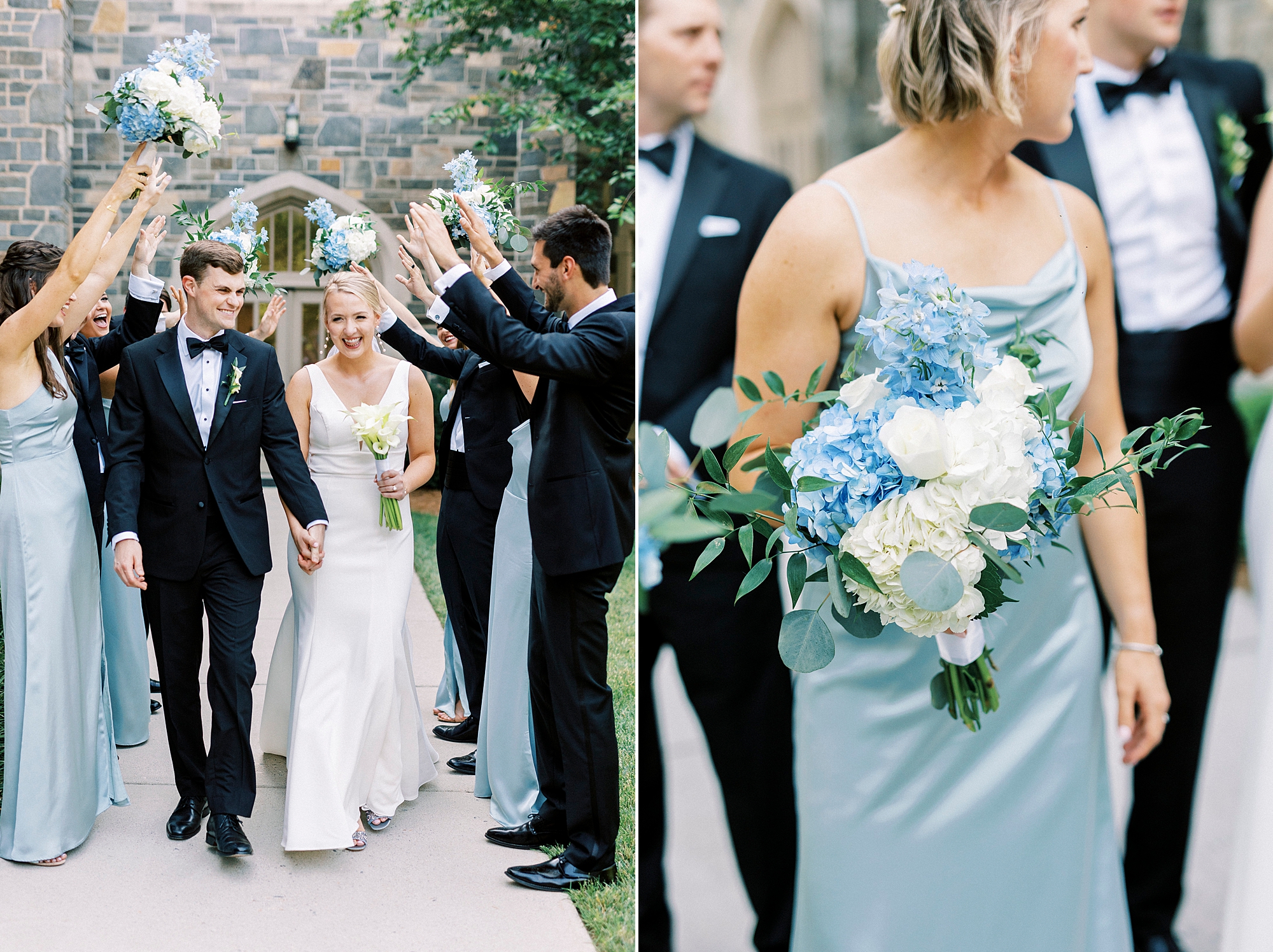 bride and groom walk through cheering line of bridal party outside Charlotte NC church
