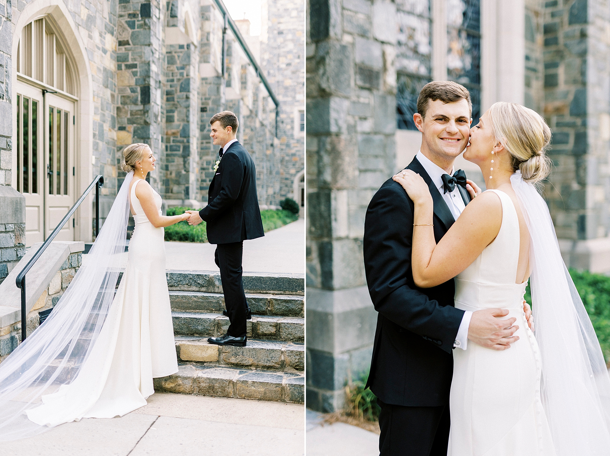 bride and groom hug near stone wall of Charlotte church