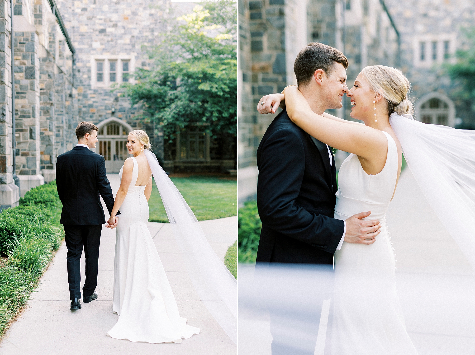 bride hugs groom around neck with veil floating behind them