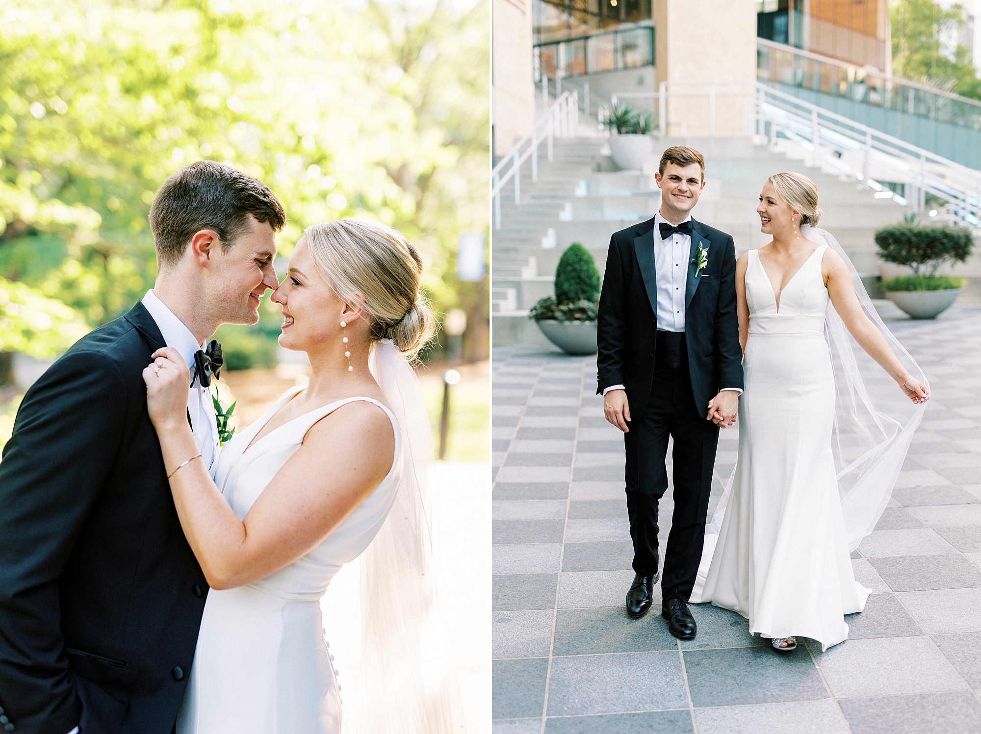 bride and groom hug and walk on pathway at the Mint Museum Uptown