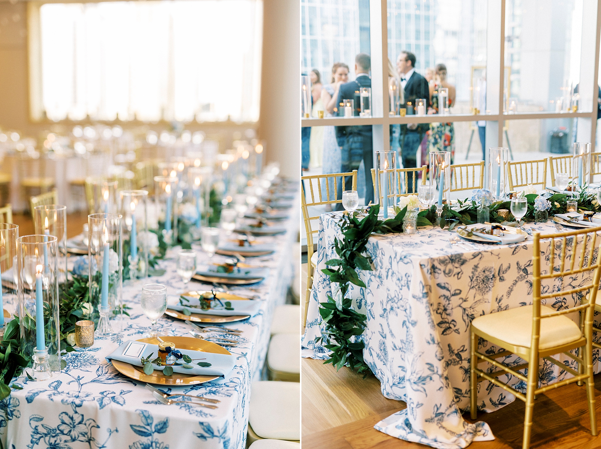 summer wedding reception with long family style tables with gold palace setting