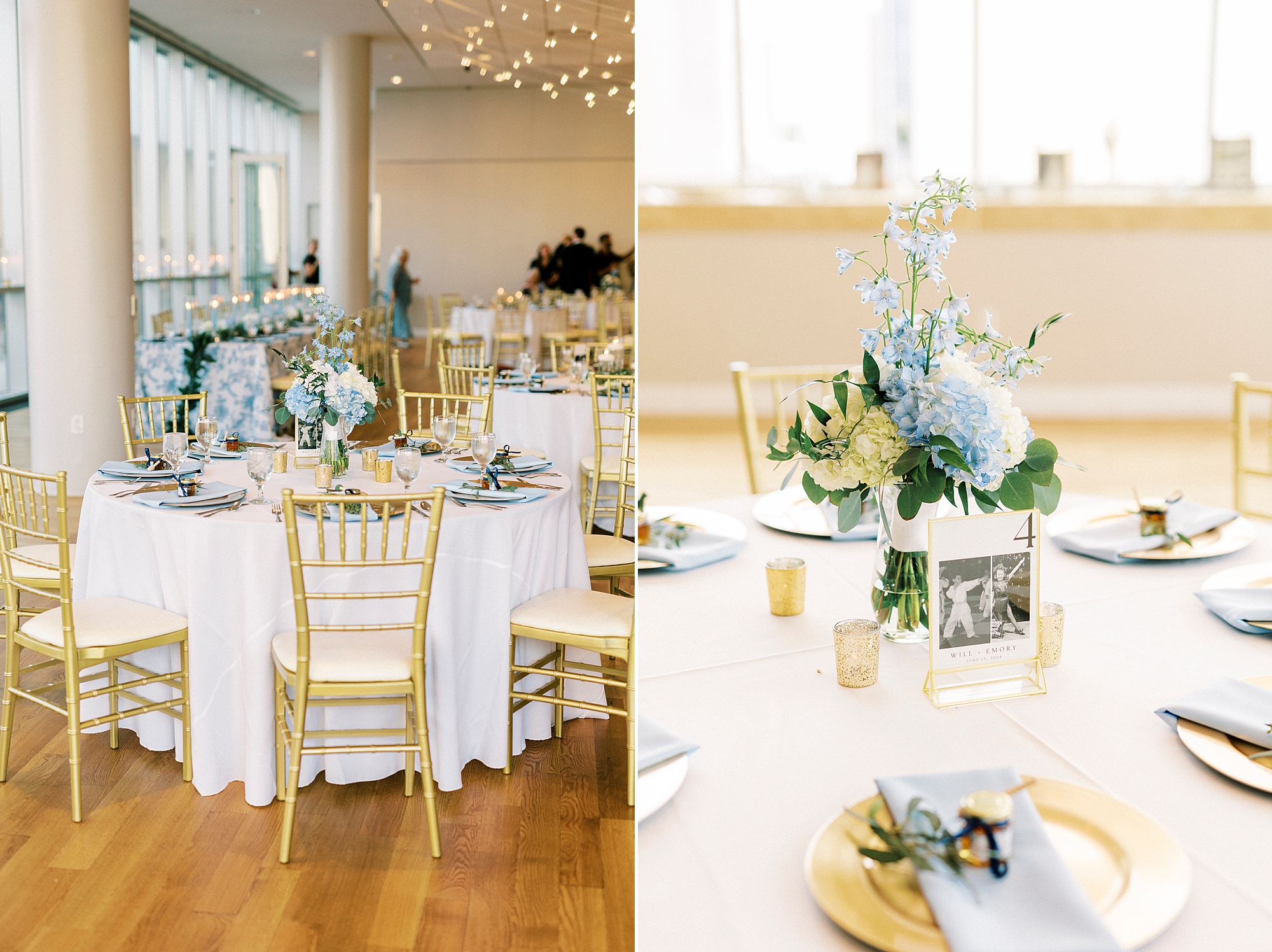 wedding reception with blue and white details at the Mint Museum Uptown