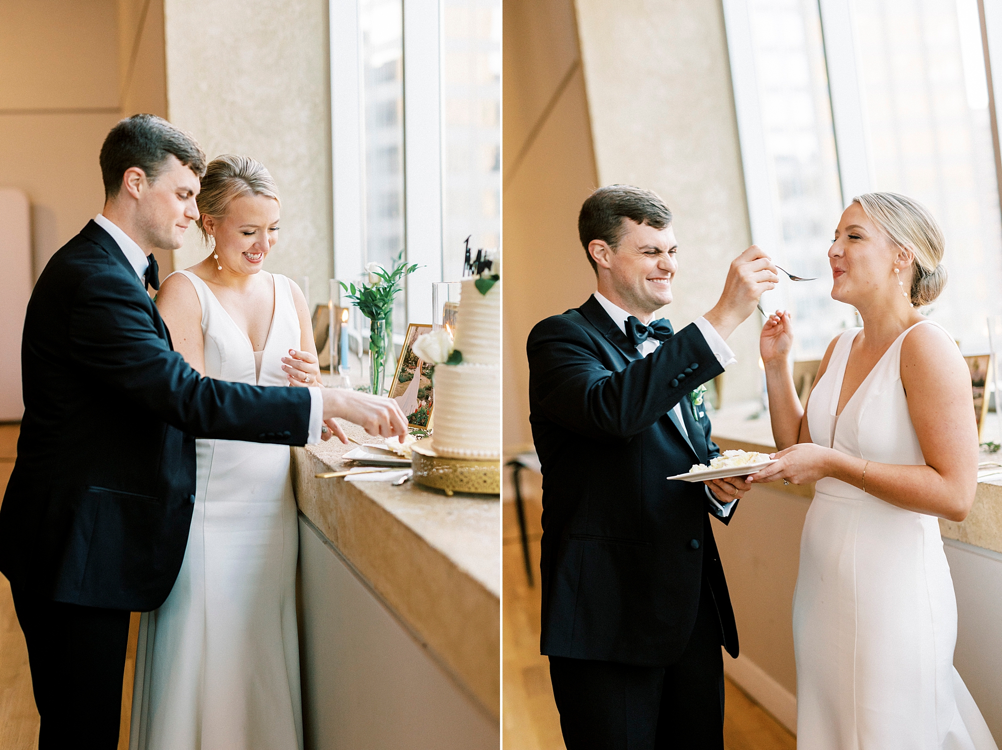 bride and groom feed each other cake during reception at the Mint Museum Uptown
