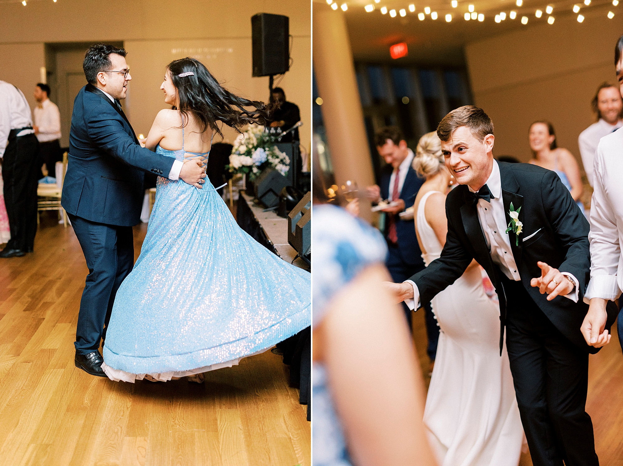 wedding guests dance during Charlotte NC wedding reception at the Mint Museum Uptown