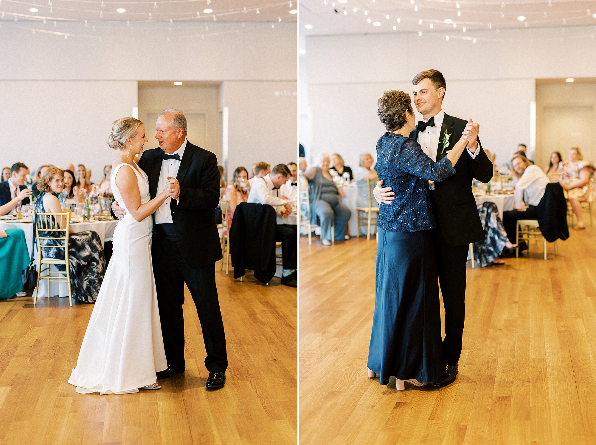 bride and groom dance with parents during wedding reception at the Mint Museum Uptown
