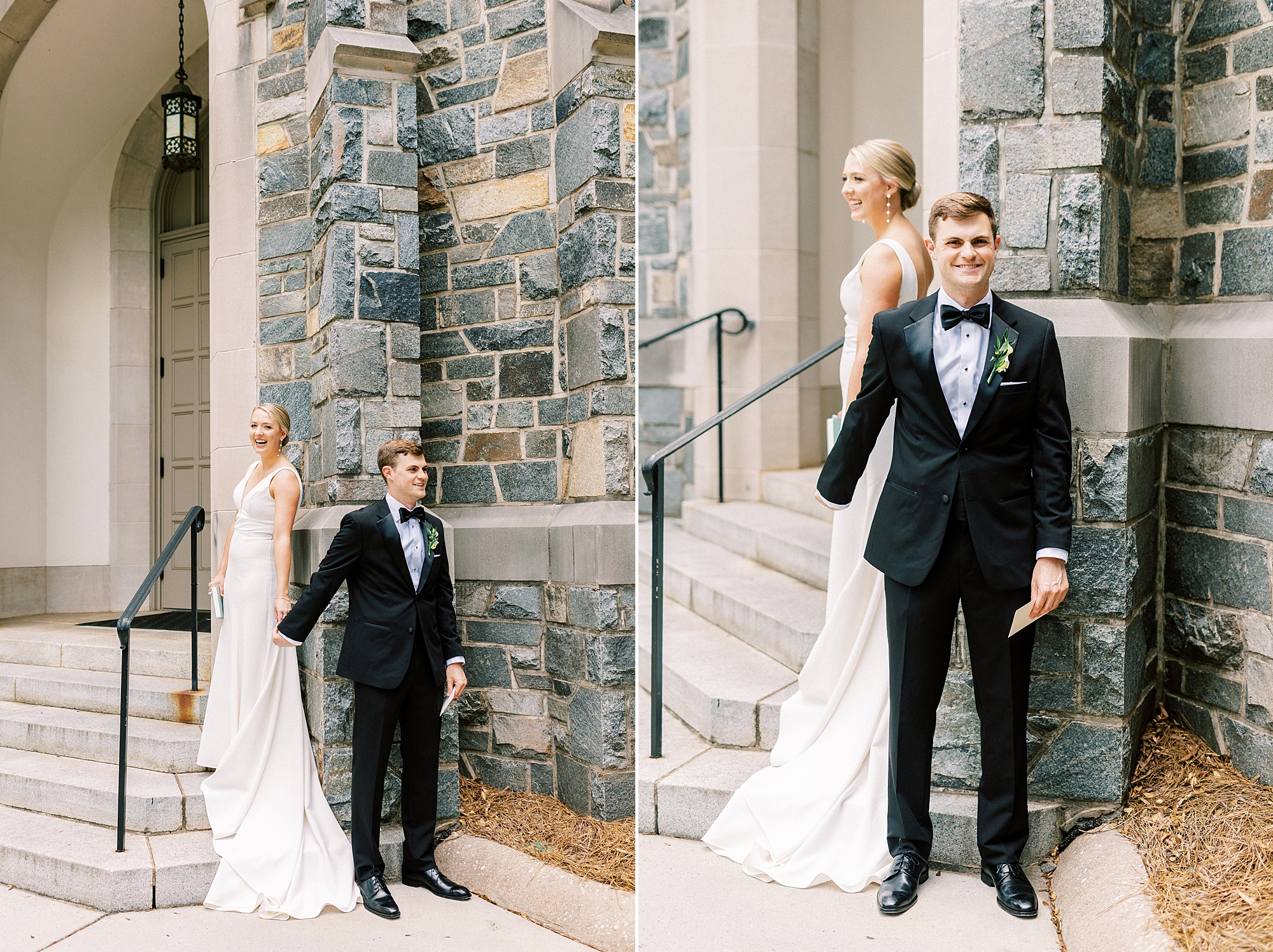 bride and groom touch around corner of church in Charlotte NC