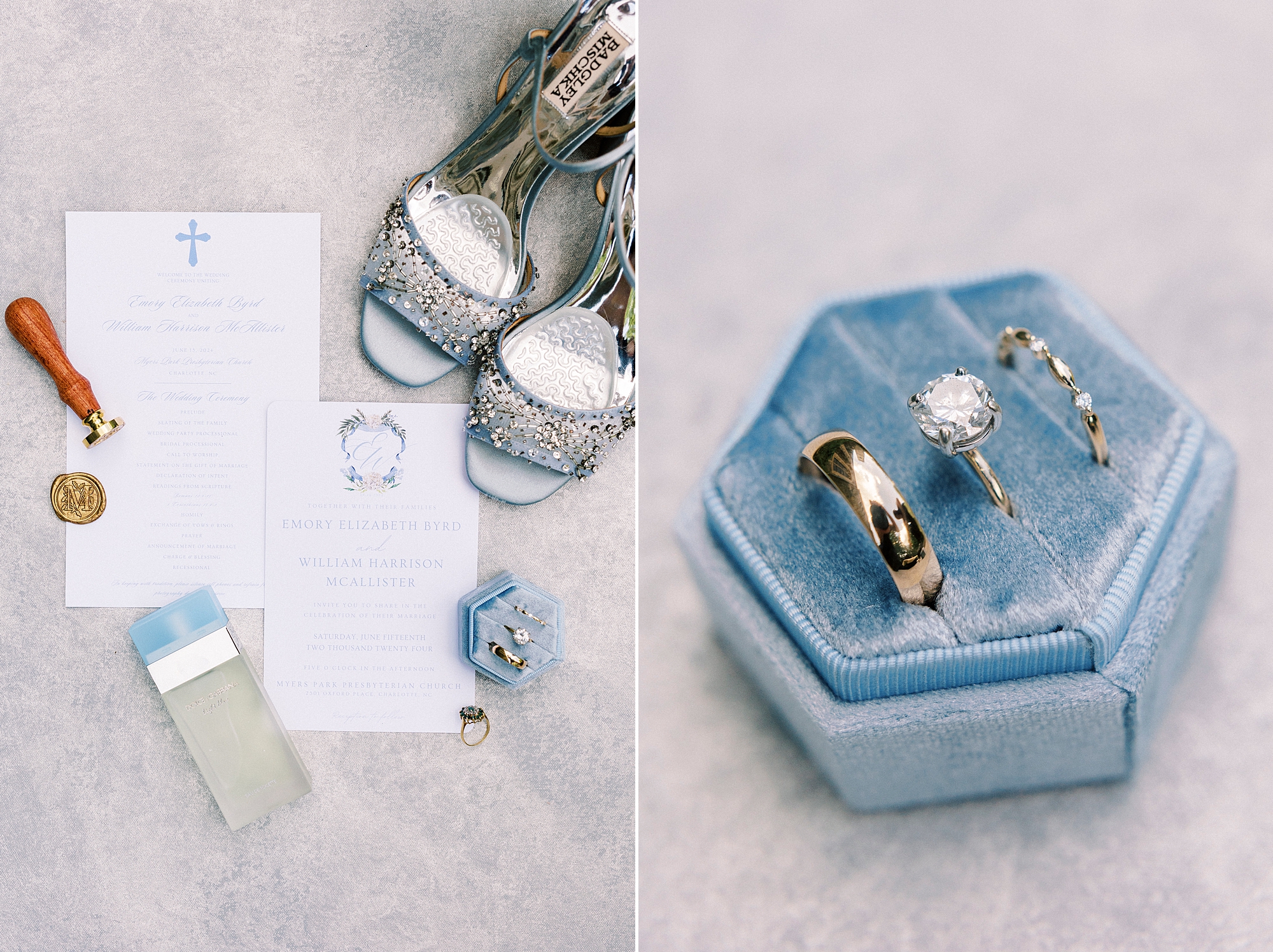 bride's shoes and jewelry in blue ring box