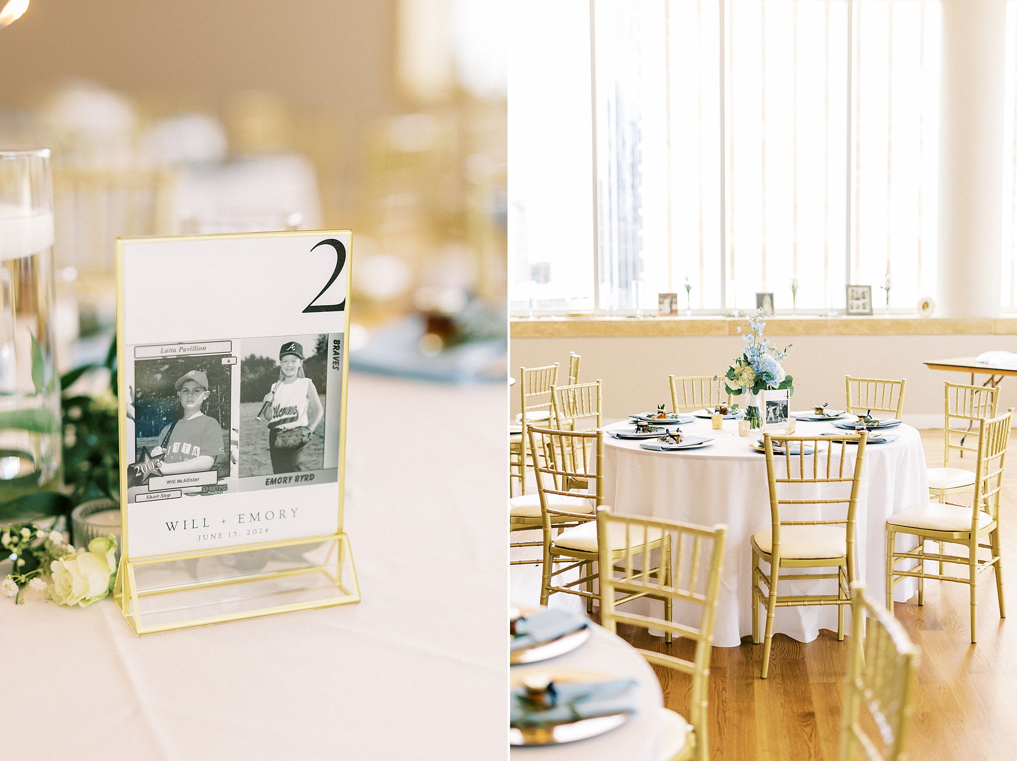 table numbers with photos of couple on tables with gold chiavari chairs