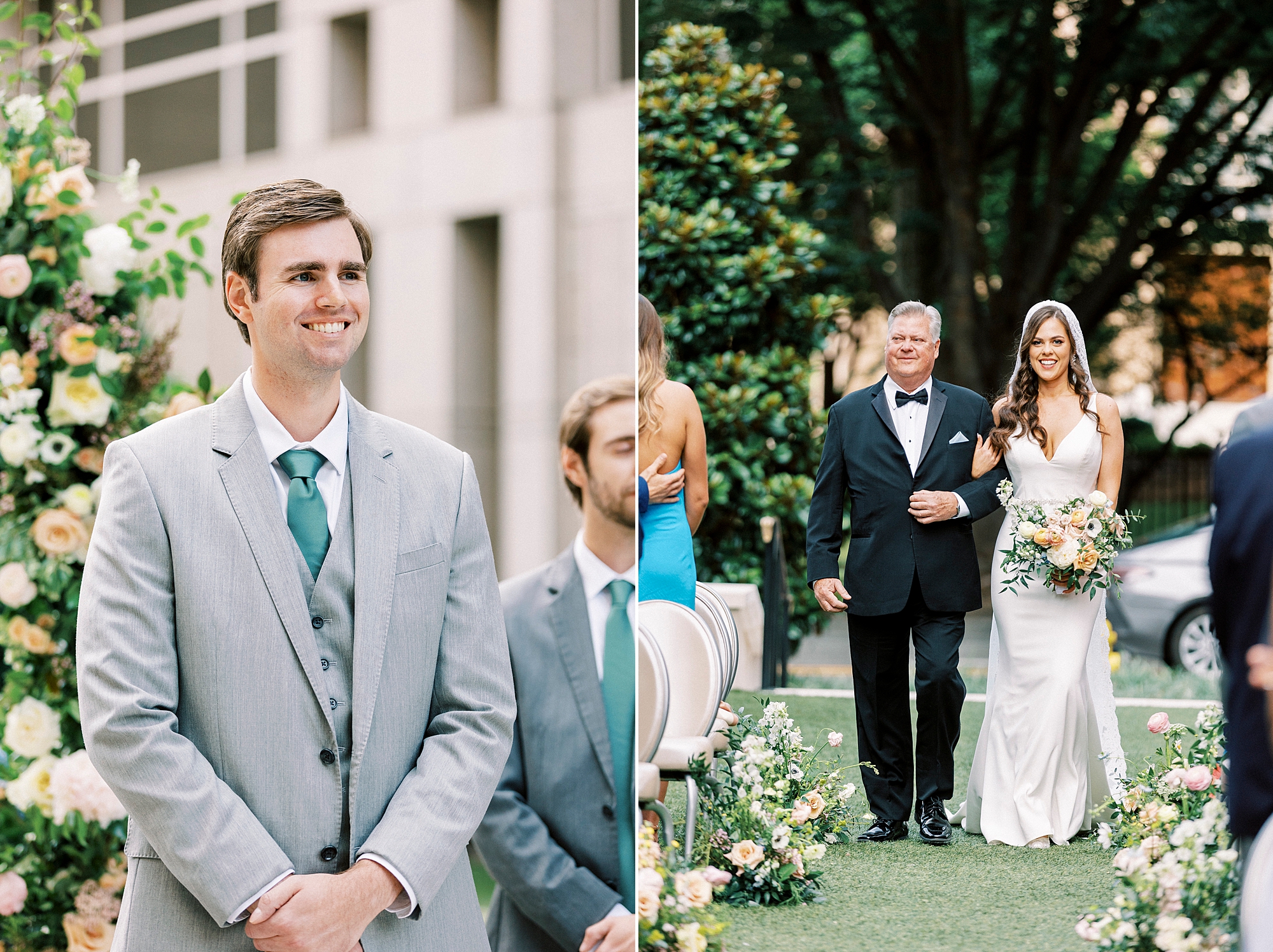 groom in grey suit tears up watching bride walk down aisle at Grand Bohemian Hotel in Charlotte NC