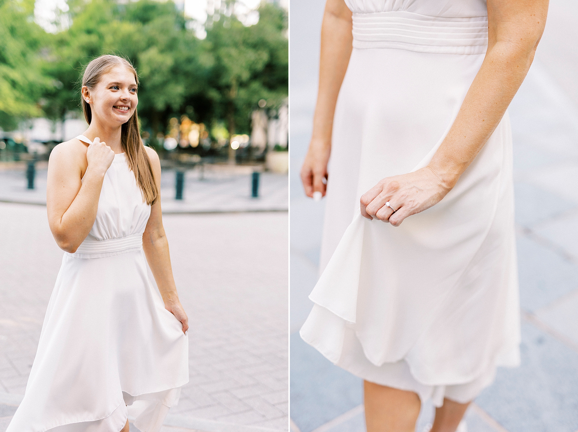 woman in white dress twirls on street in Charlotte NC