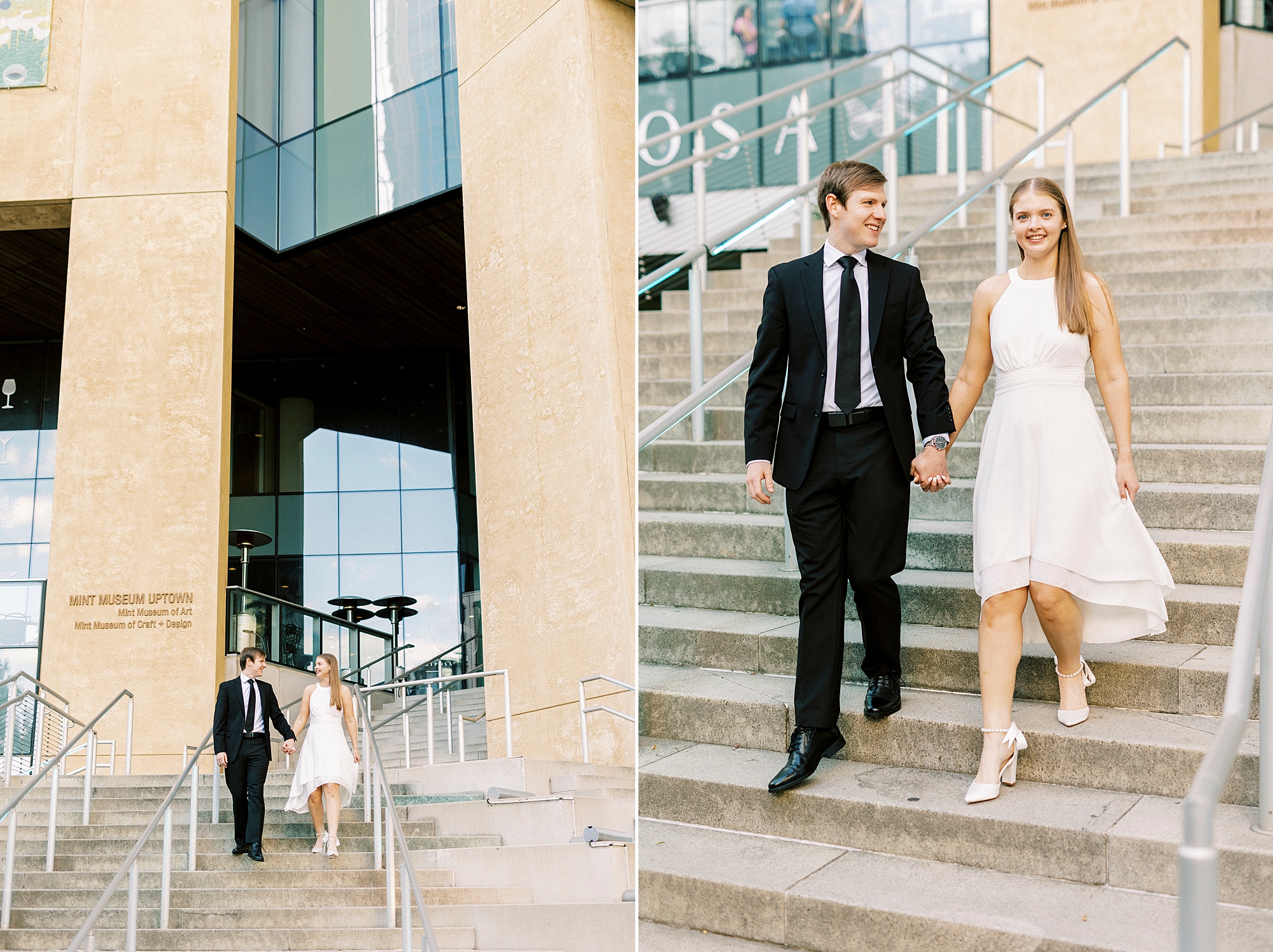 man helps woman walk down steps at the Mint Museum 