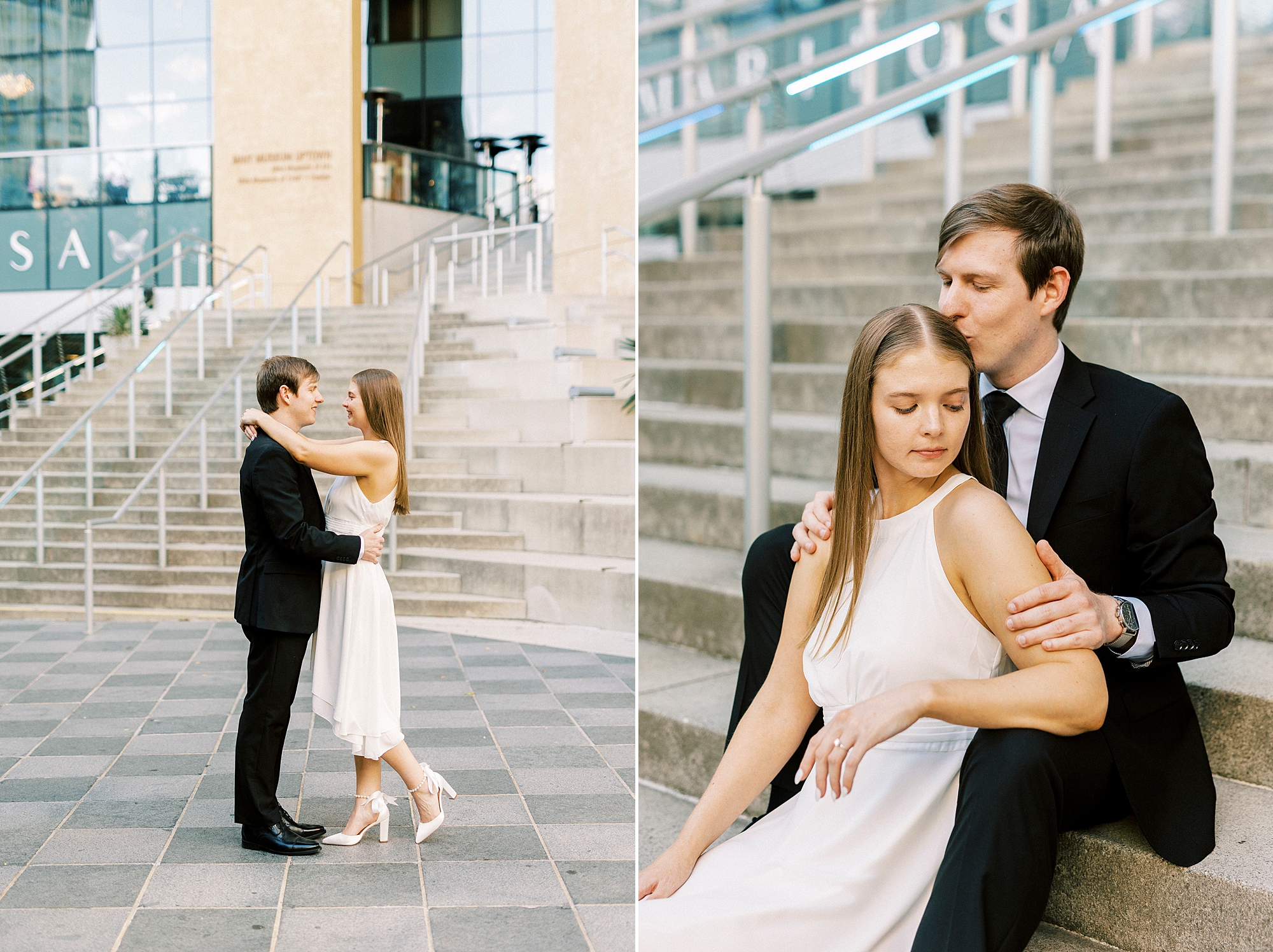 man kisses woman's forehead during portraits on steps of museum in Charlotte NC