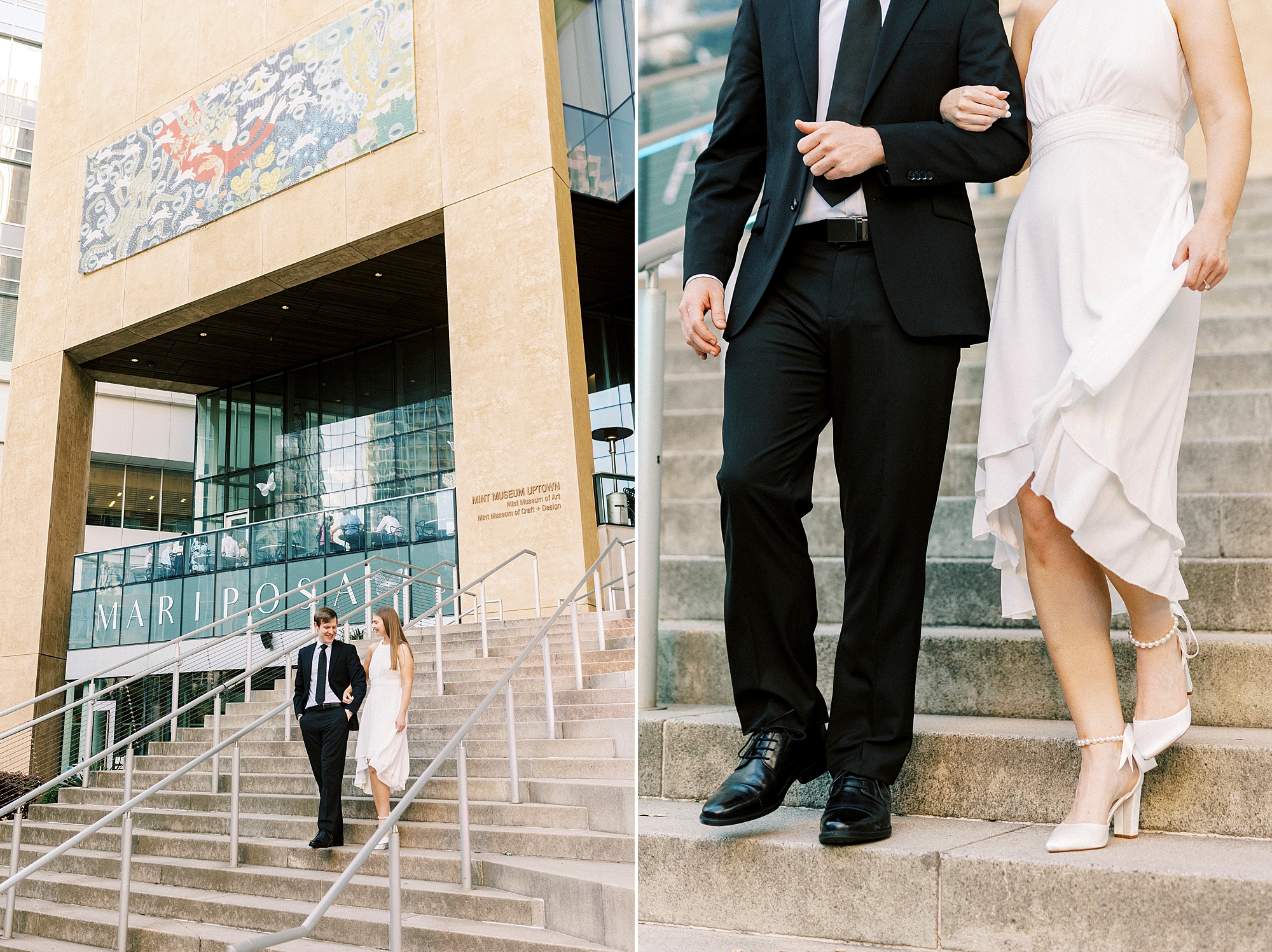man escorts woman down steps of the Mint Museum in Charlotte NC