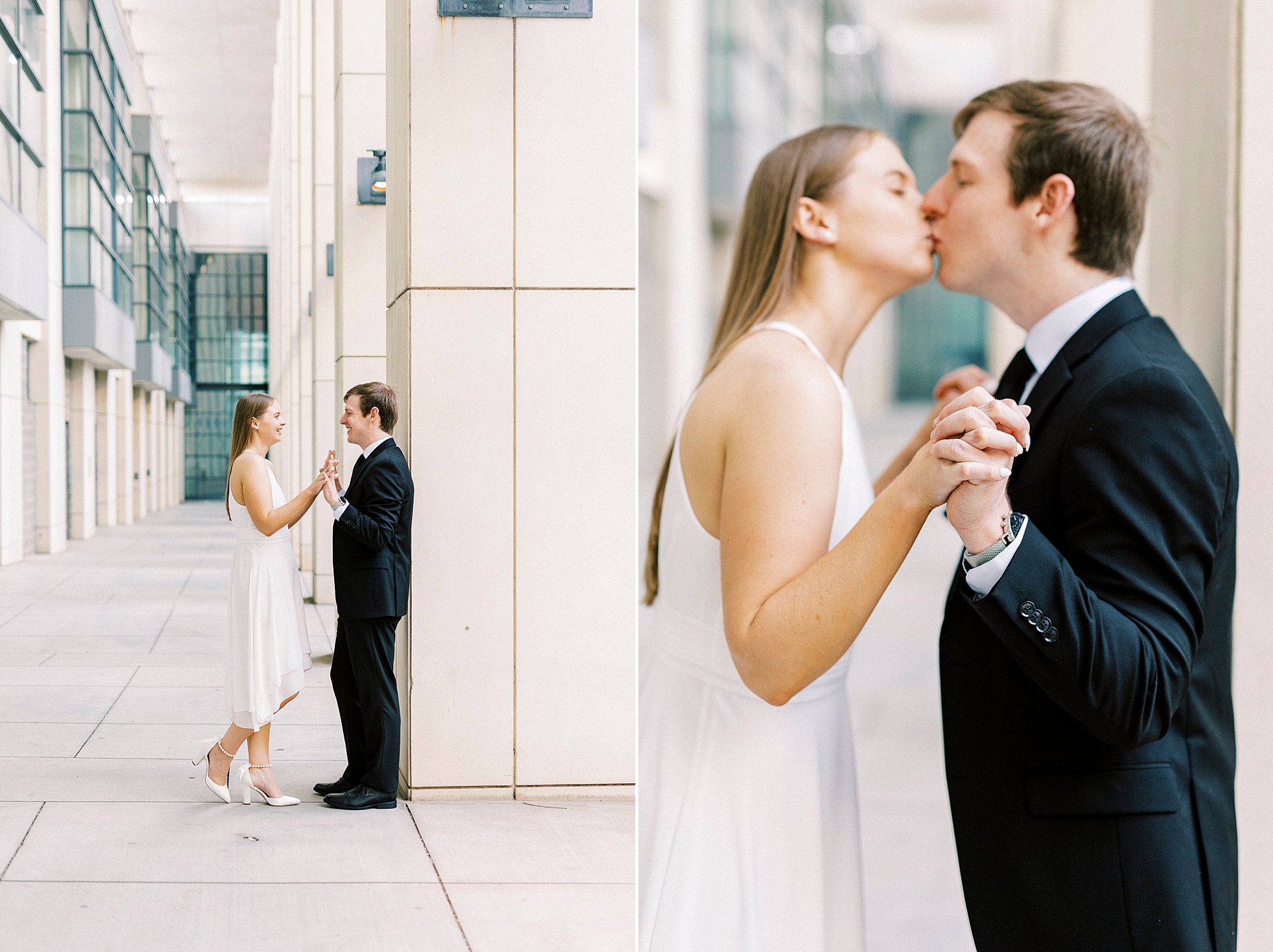 engaged couple holds hands leaning for a kiss at the Charlotte Convention Center