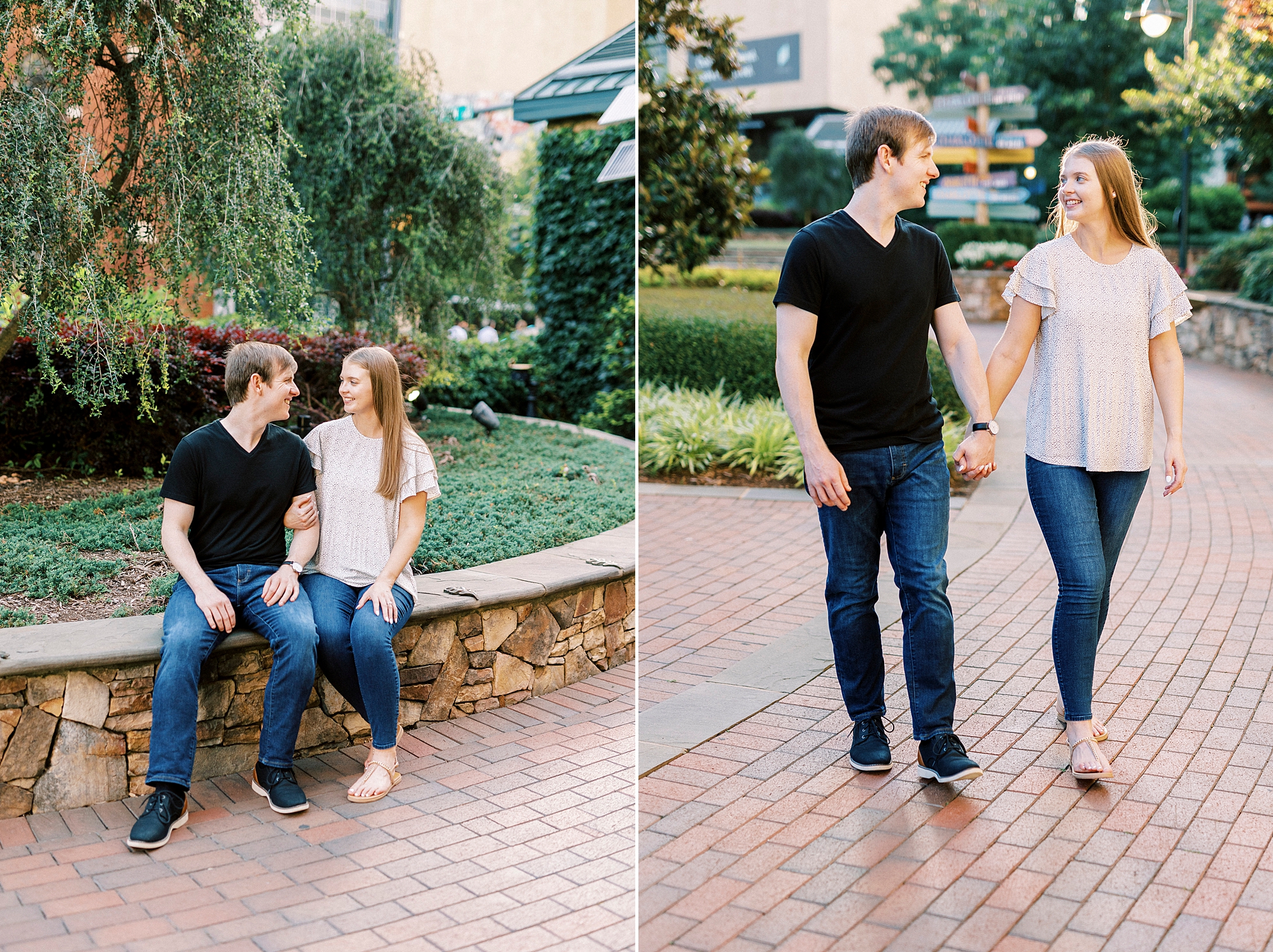 engaged couple walks on brick pathway in Uptown Charlotte 