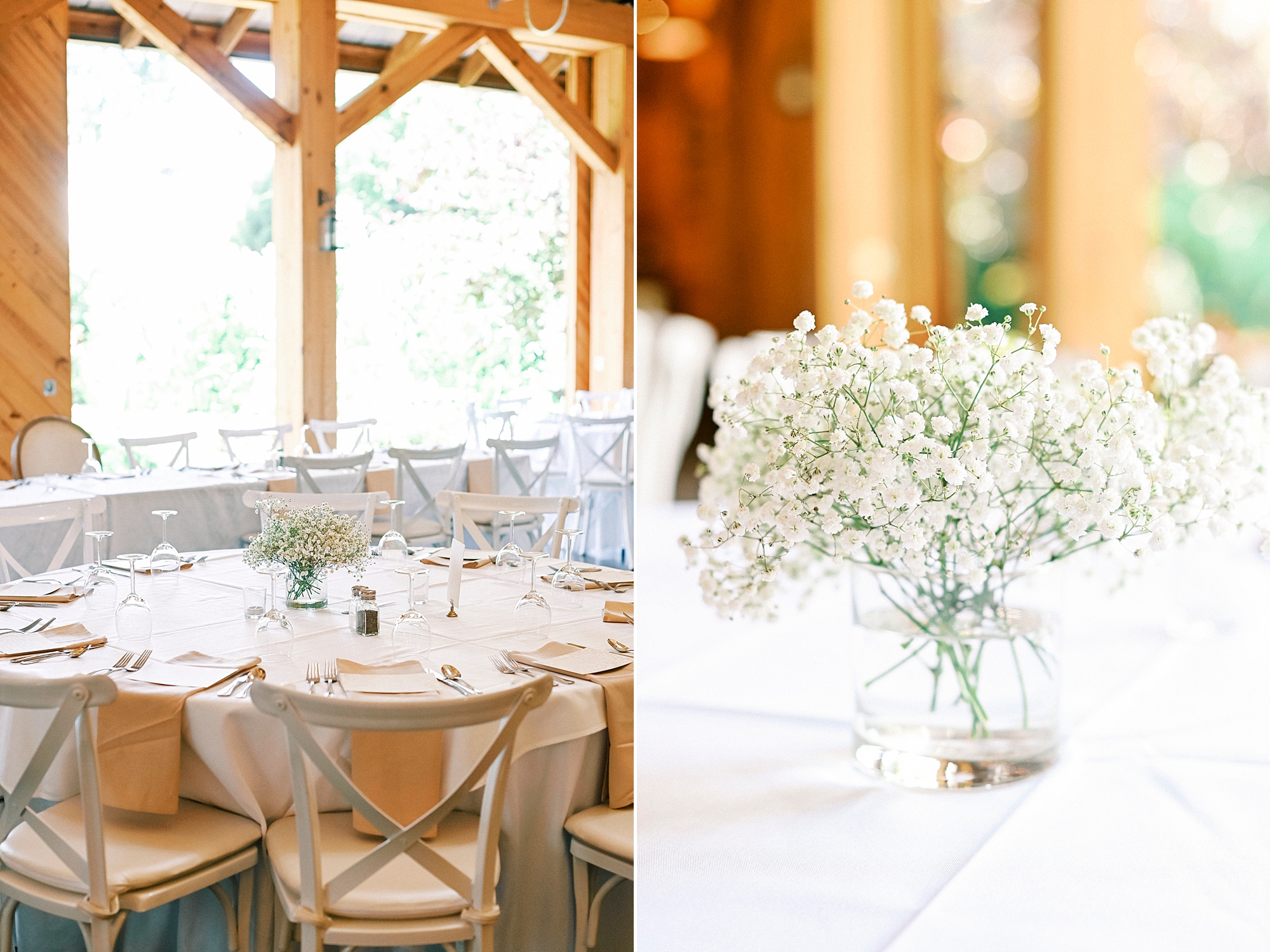 centerpieces with baby's breath for brunch wedding reception at Alexander Homestead