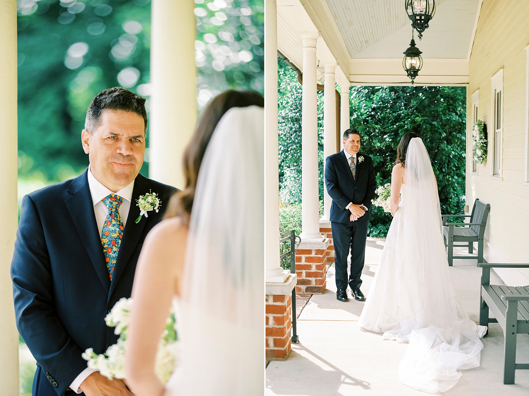 bride and father have first look on porch of Alexander Homestead