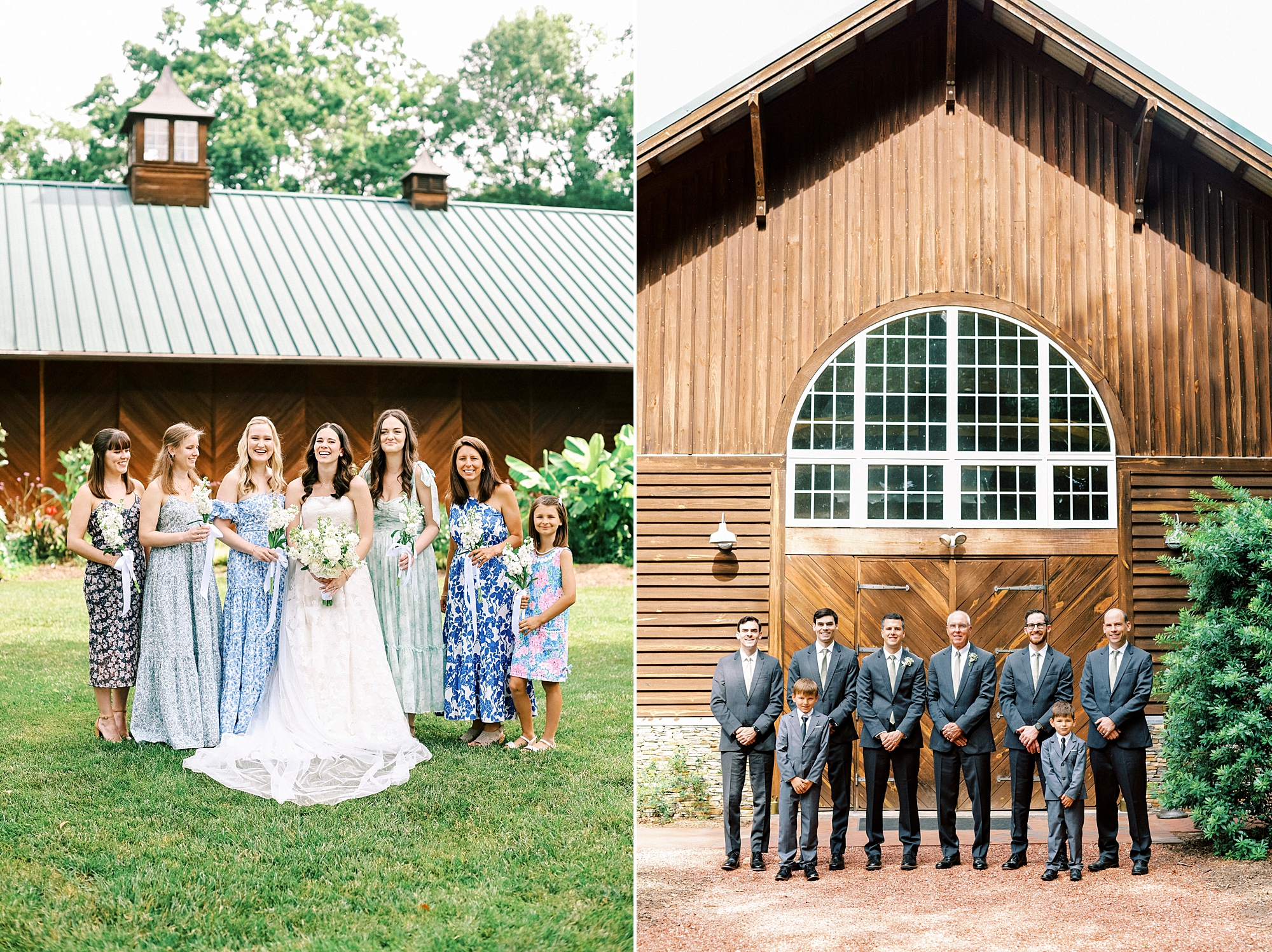 bride poses with bridesmaids in blue gowns and groomsmen in blue suits