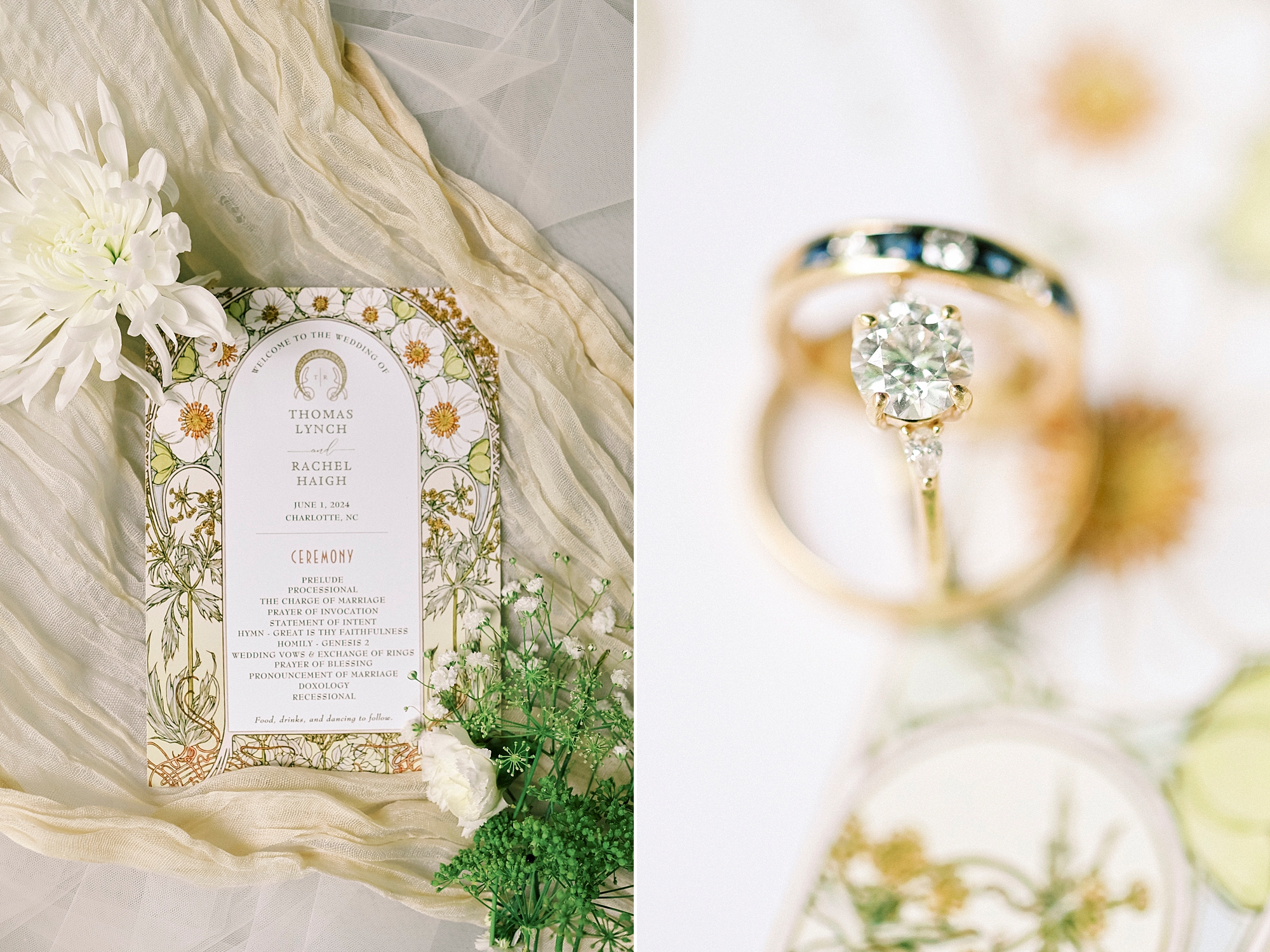 invitation suite and gold rings for summer wedding