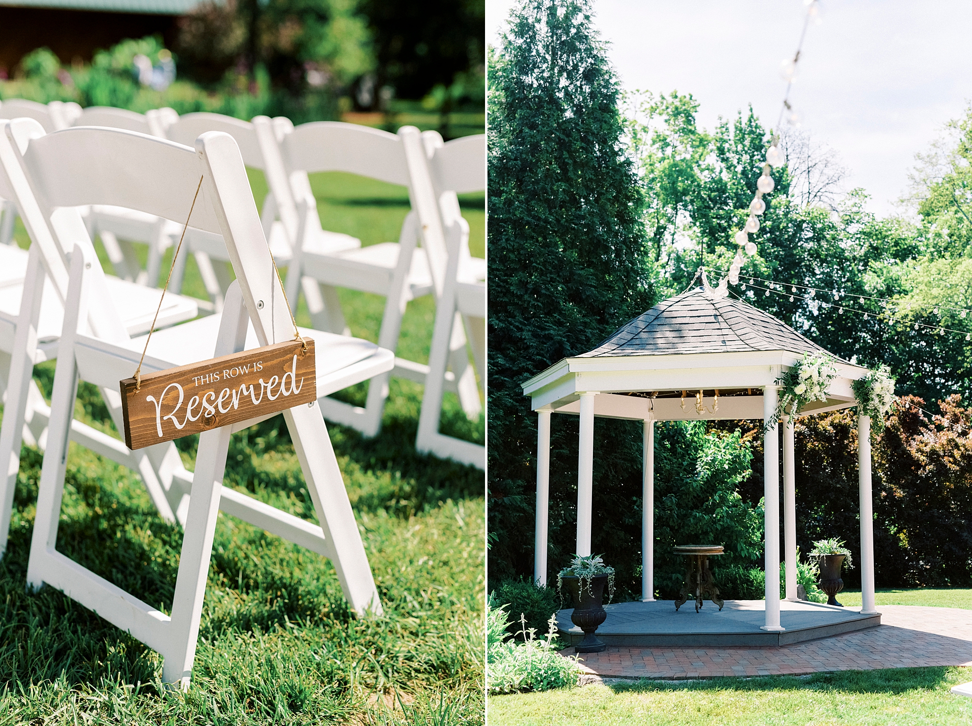 wooden signs hang on folding white chairs in garden at Alexander Homestead