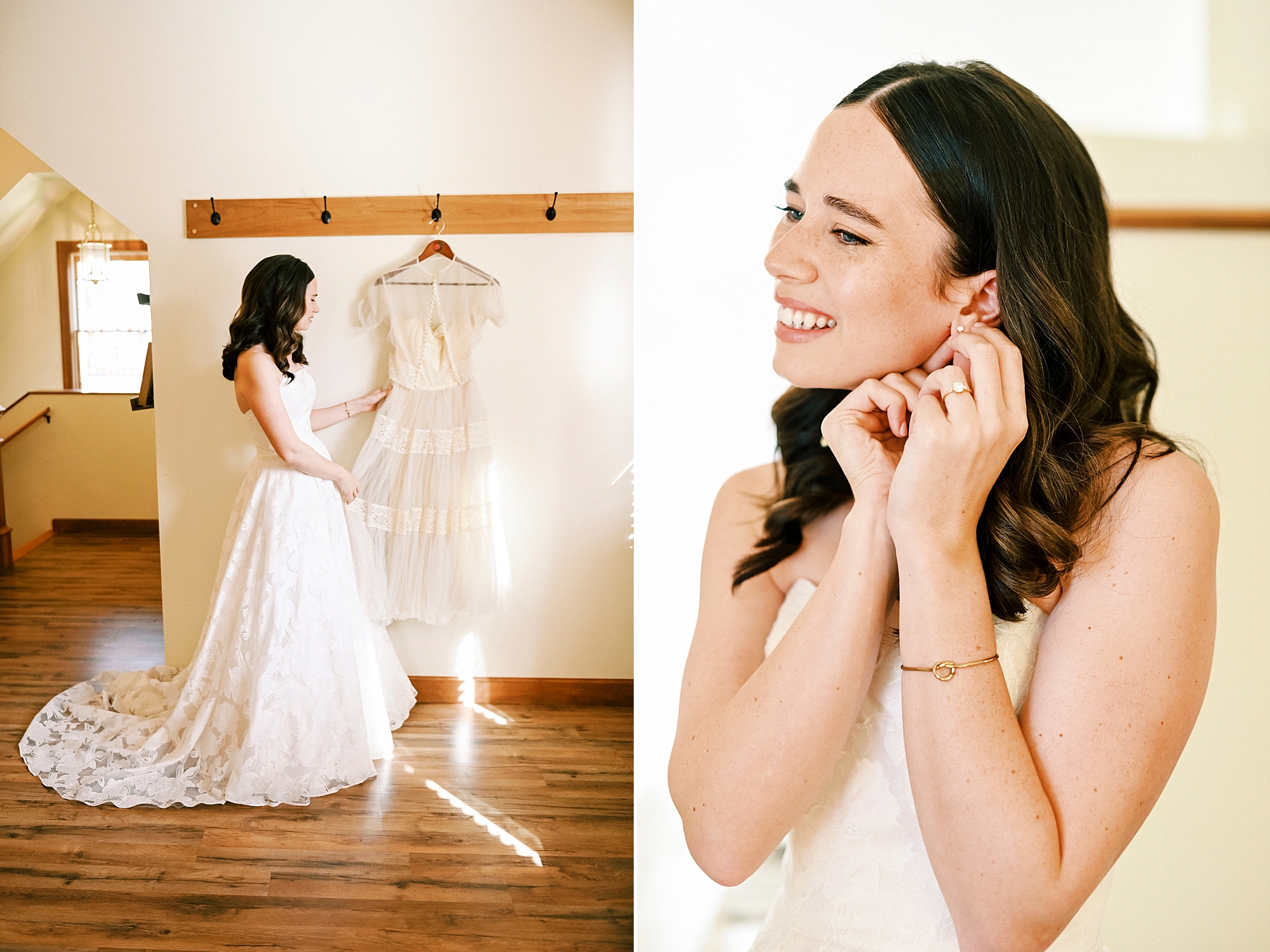 bride puts on earrings and looks at wedding dress in bridal suite