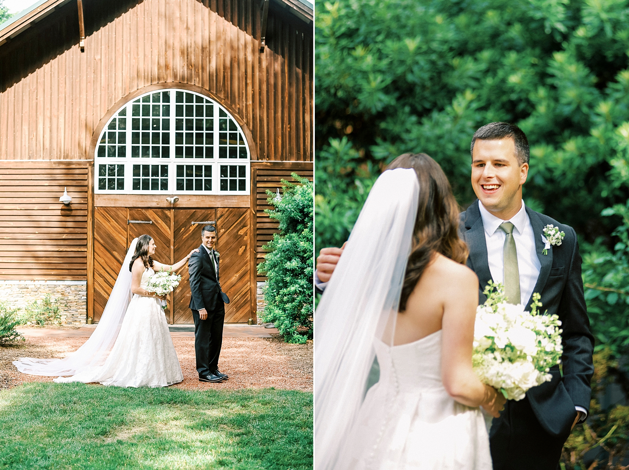 bride reaches for groom's shoulder during first look at Alexander Homestead