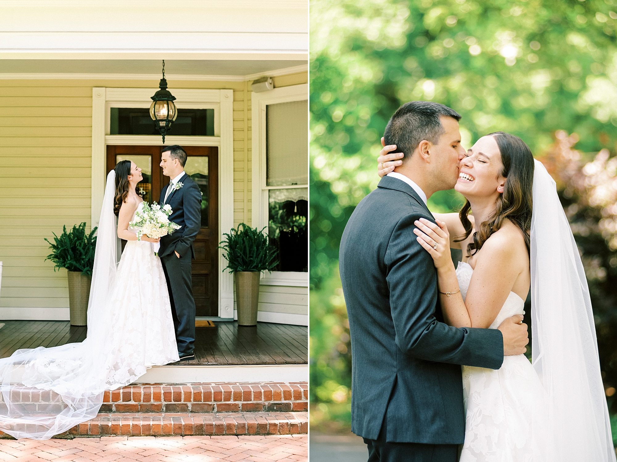 bride and groom stand smiling on steps of Alexander Homestead