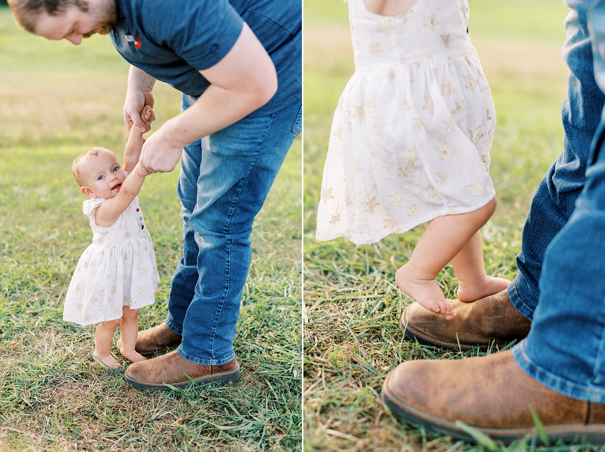toddler stands on dad's toes in cowboy boots during birthday portraits on family farm