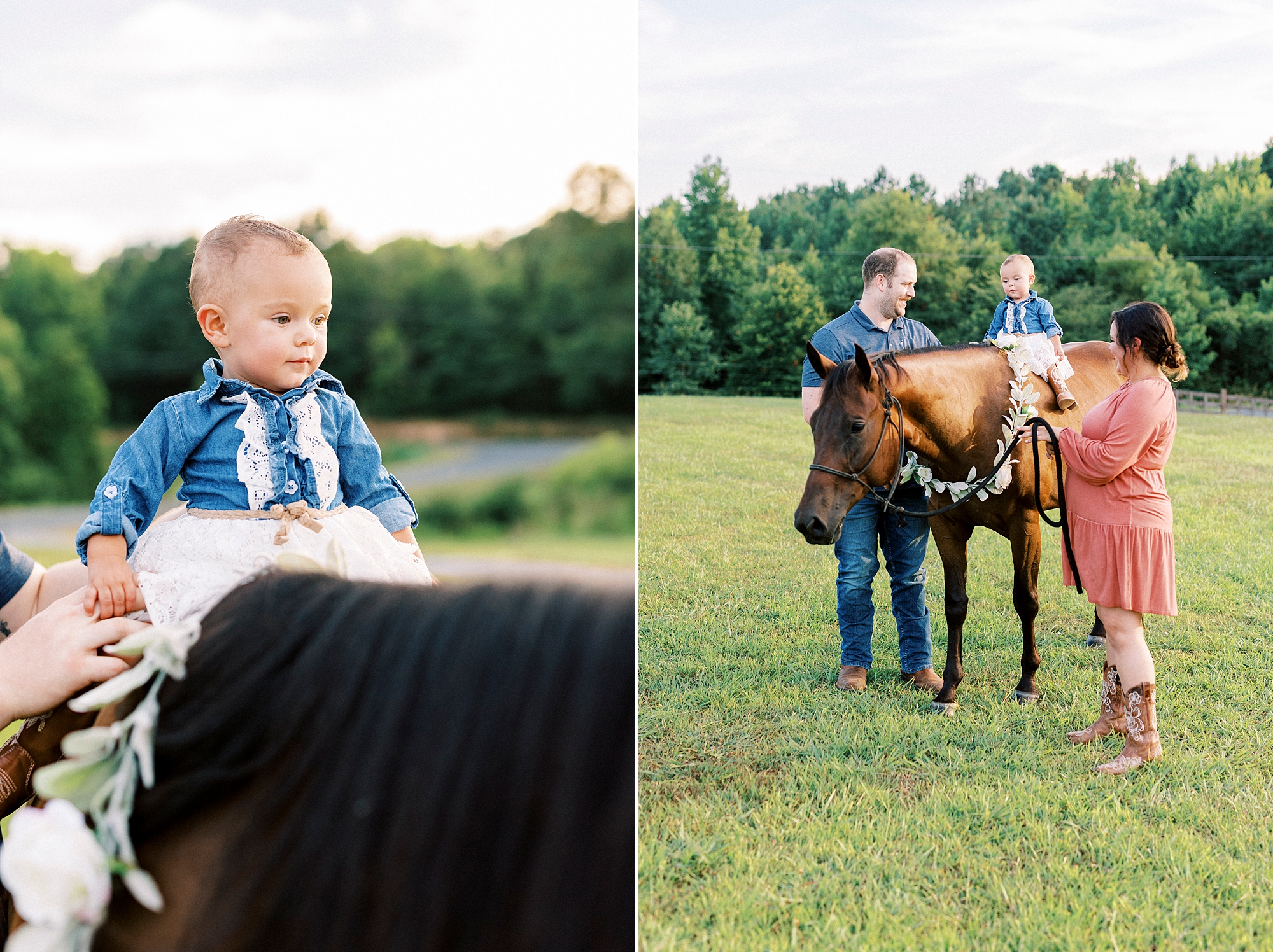 toddler sits on horse's back trotting across lawn of family farm
