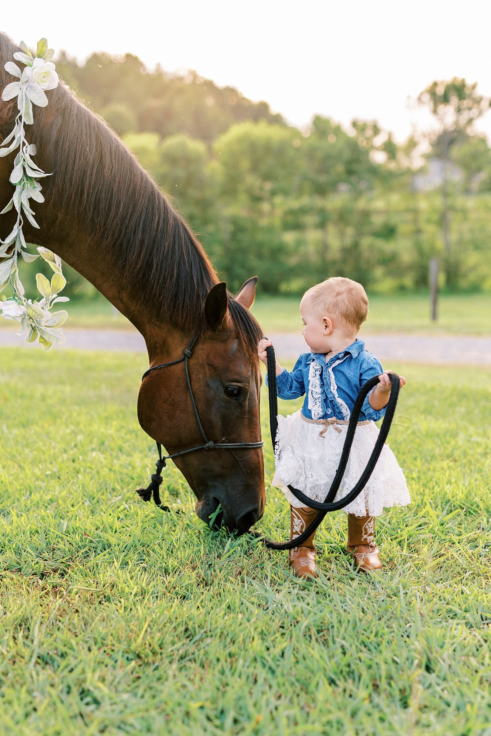 toddler walks holding reins of horse during first birthday portraits in Albemarle NC