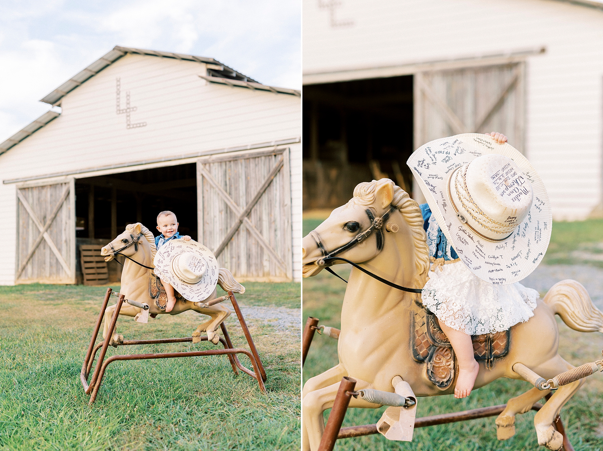 toddler girl rocks on vintage rocking horse in front of wooden barn 