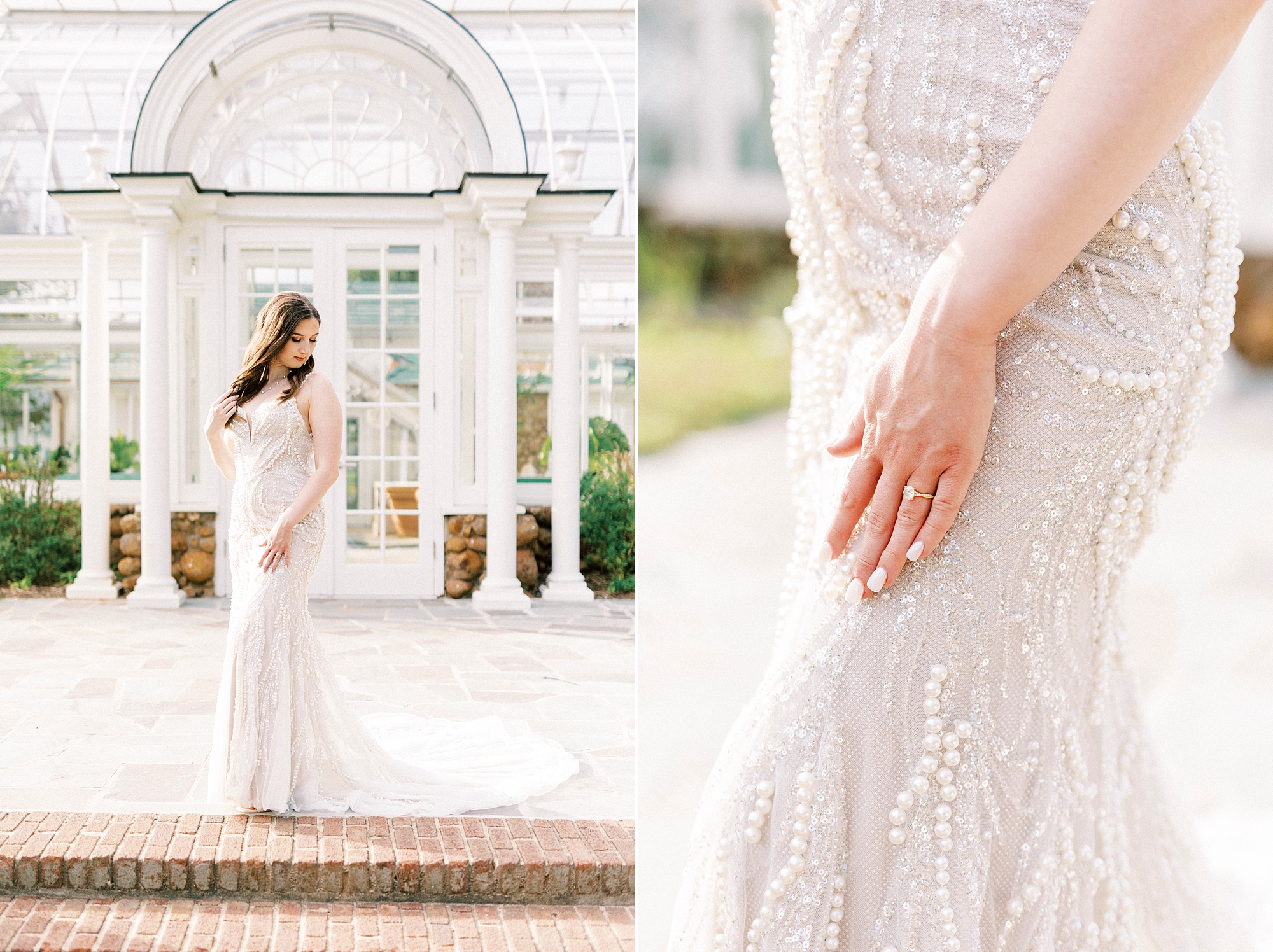bride shows off wedding rings with hand against her dress