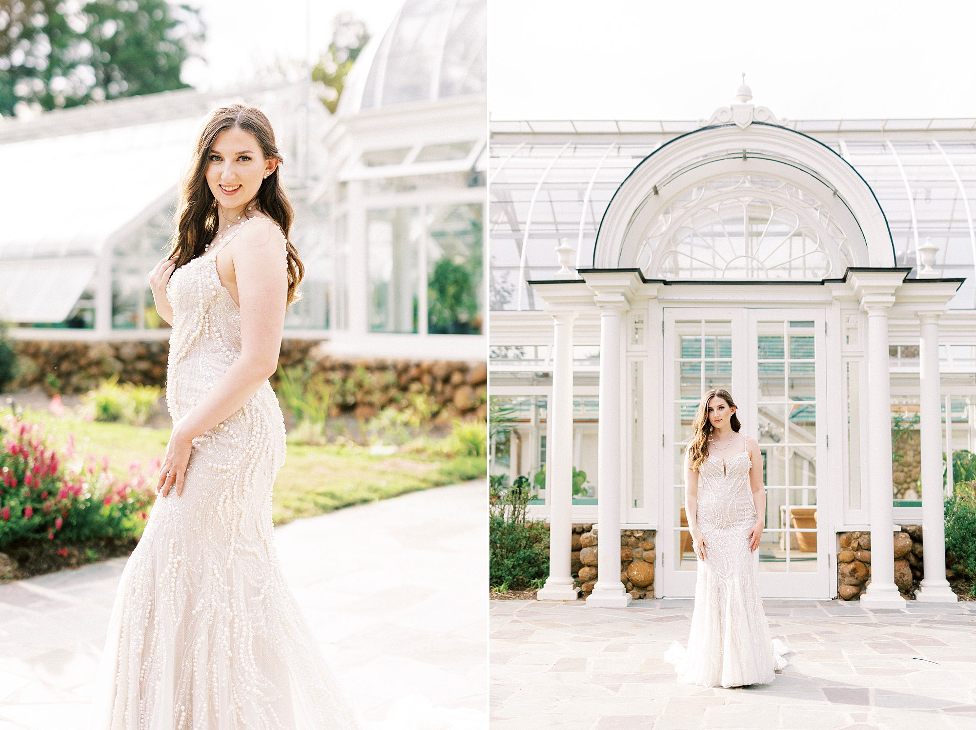 bride smiles in front of glass greenhouse at Reynolda Gardens